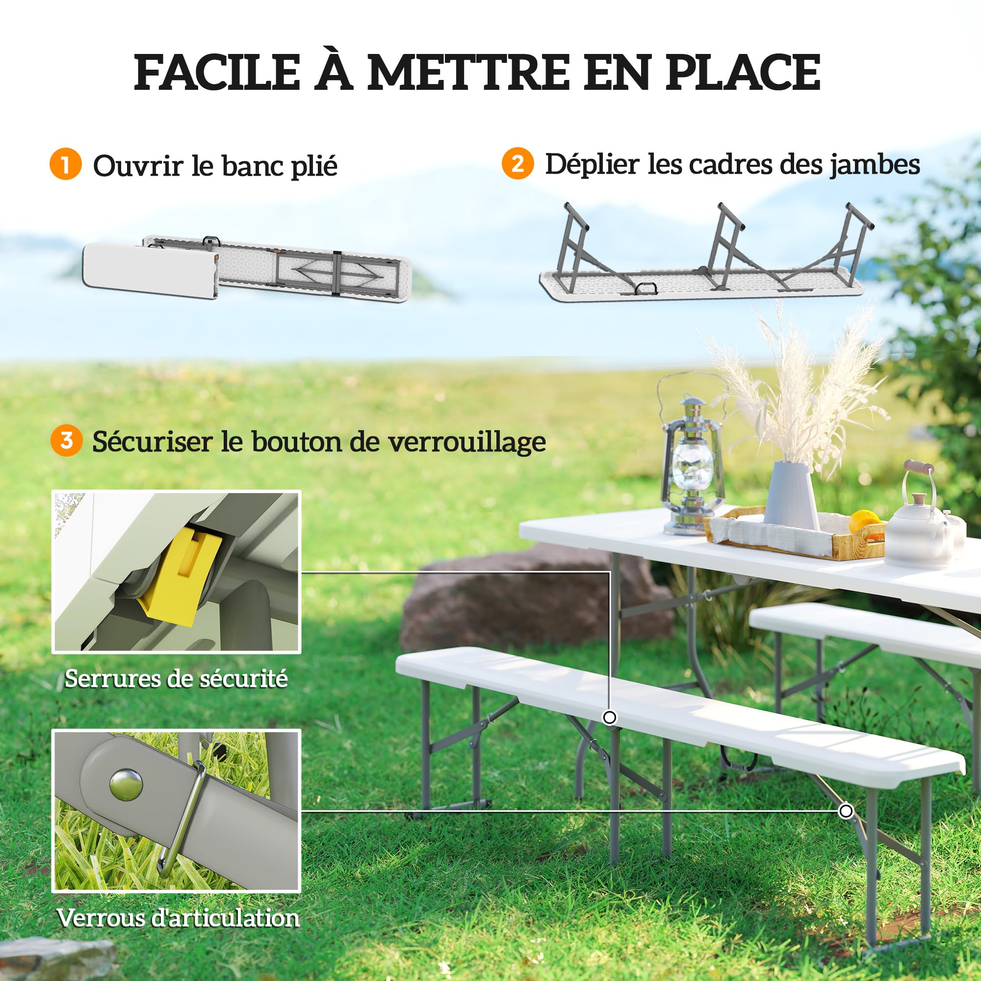 Outsunny Banc de Jardin Lot de 2 bancs pliants 182 x 28 x 42 cm avec poignée de Transport en Métal et HDPE pour Camping, Fête, Pique-Nique, Blanc