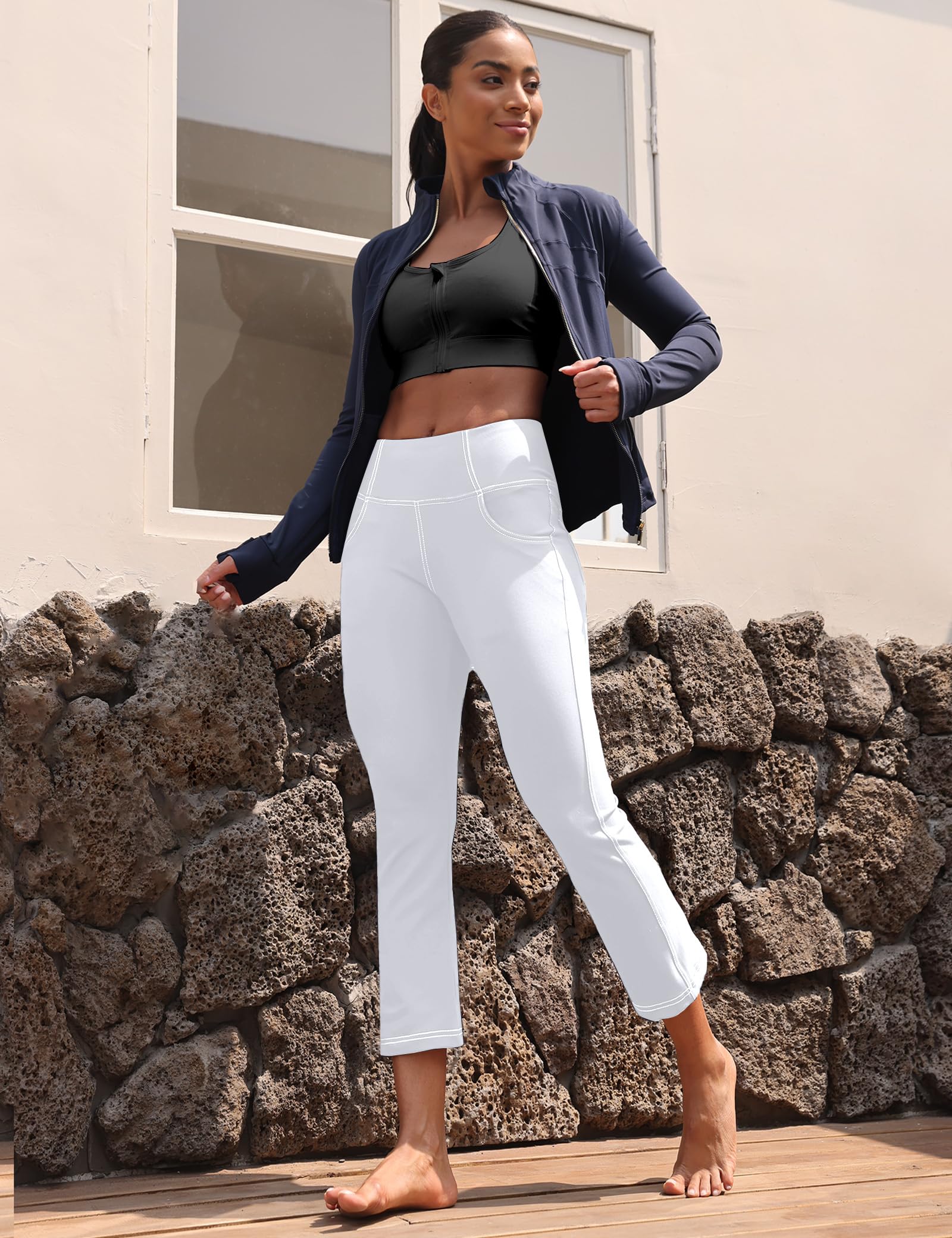 Leggings capri para mujer con bolsillos, cintura alta, pantalones capri de yoga de pierna recta, pantalones cortos elásticos de 21 pulgadas