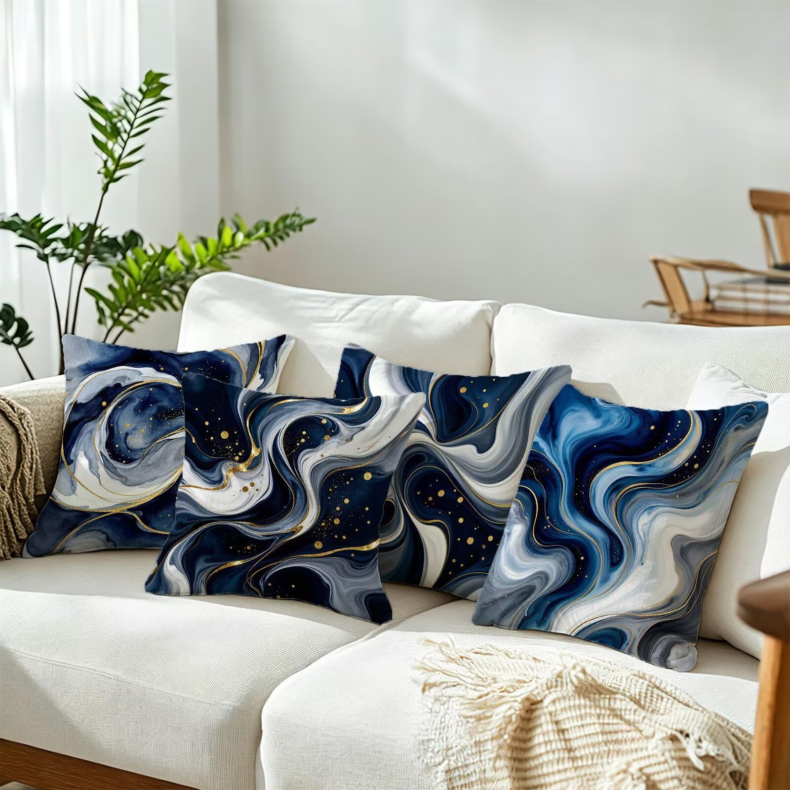 Blu Federe Cuscini Divano 40x40cm, Cuscini da Esterno Set de 4, Cod-152 | Lin Copricuscini Decorativi Letto Arredo, per Letto, Soggiorno, Giardino, Esterno, Casa Decorazione Set di 4 Naturale