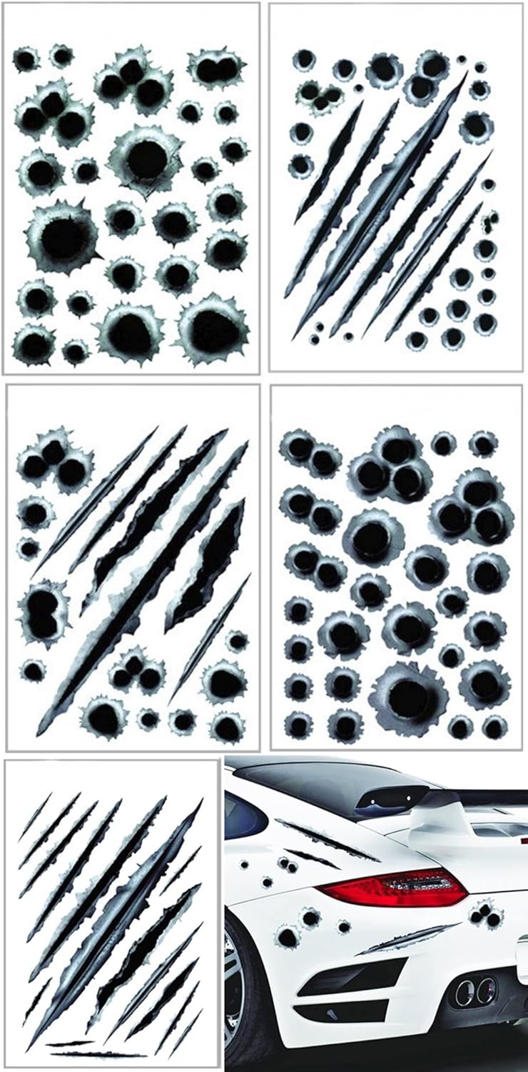 Amazon Border 車 バイク ステッカー フェイク ダメージ シール 5枚 セット 防水 加工 ダミー 弾痕 擦り傷 装飾 デカール 製品保証30日 ステッカー デカール 車 バイク