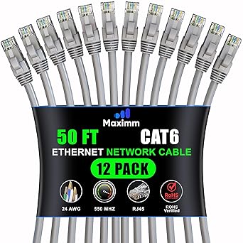 Maximm Cat 6 Ethernet Cable - 50 ft (12-Pack), High-Speed LAN, Internet, Patch, and Network Cable - UTP, 10Gbps, 550MHz Ethernet Cord - Gray