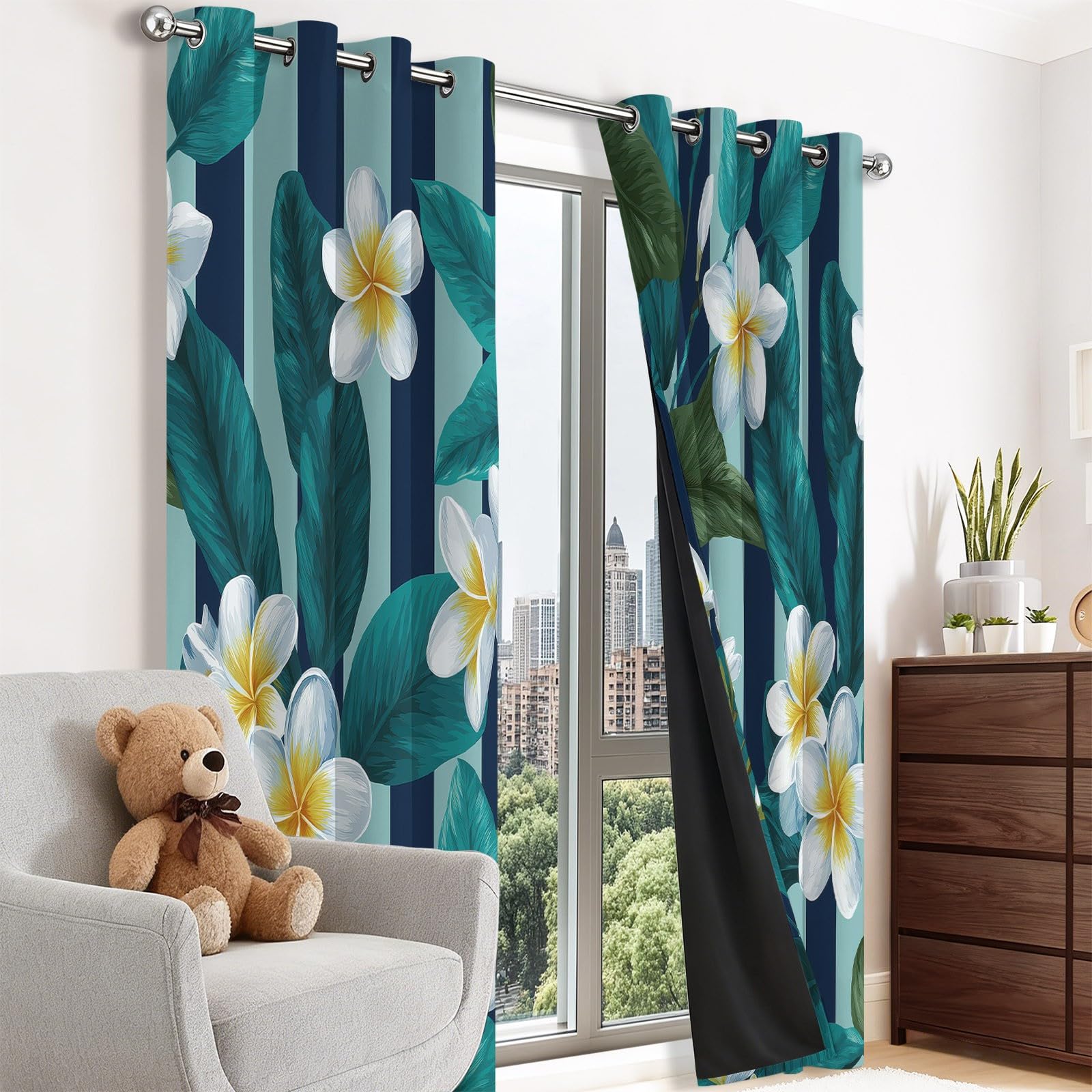 Bunt Blickdicht Vorhänge Wohnzimmer - Minimalistisch Streifen Tropisch Blumen Pflanzen Vorhänge mit Ösen Themovorhang Verdunkelungsvorhänge für Schlafzimmer Kinderzimmer, B75 x H166 cm 2er Set