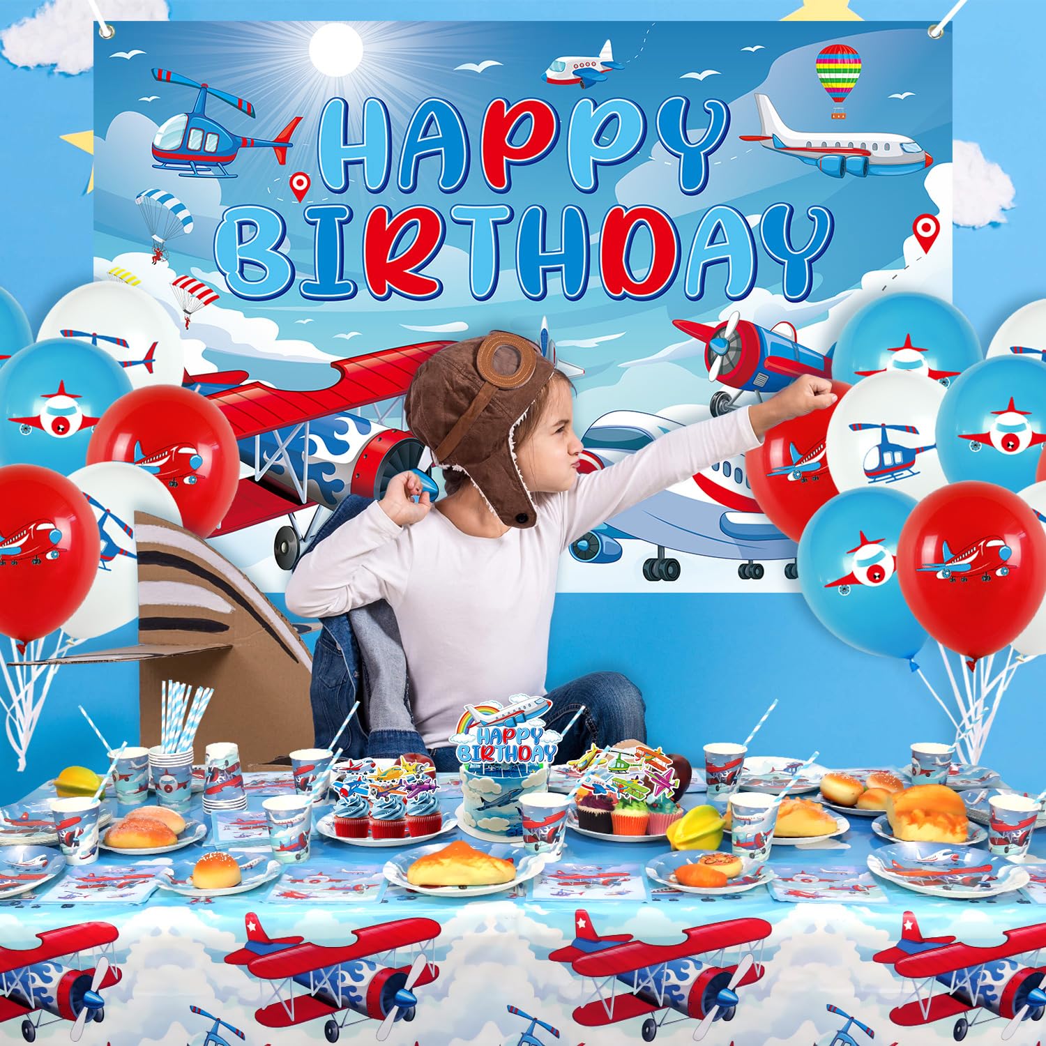 Aeroplano Compleanno Decorazioni per Partito Aeroplano Accessori Partito Piatto Tazze Tovaglioli Tovaglia Buon Compleanno Sfondo Palloncino Torta Toppers Per Aerei Tema Festa Rosa