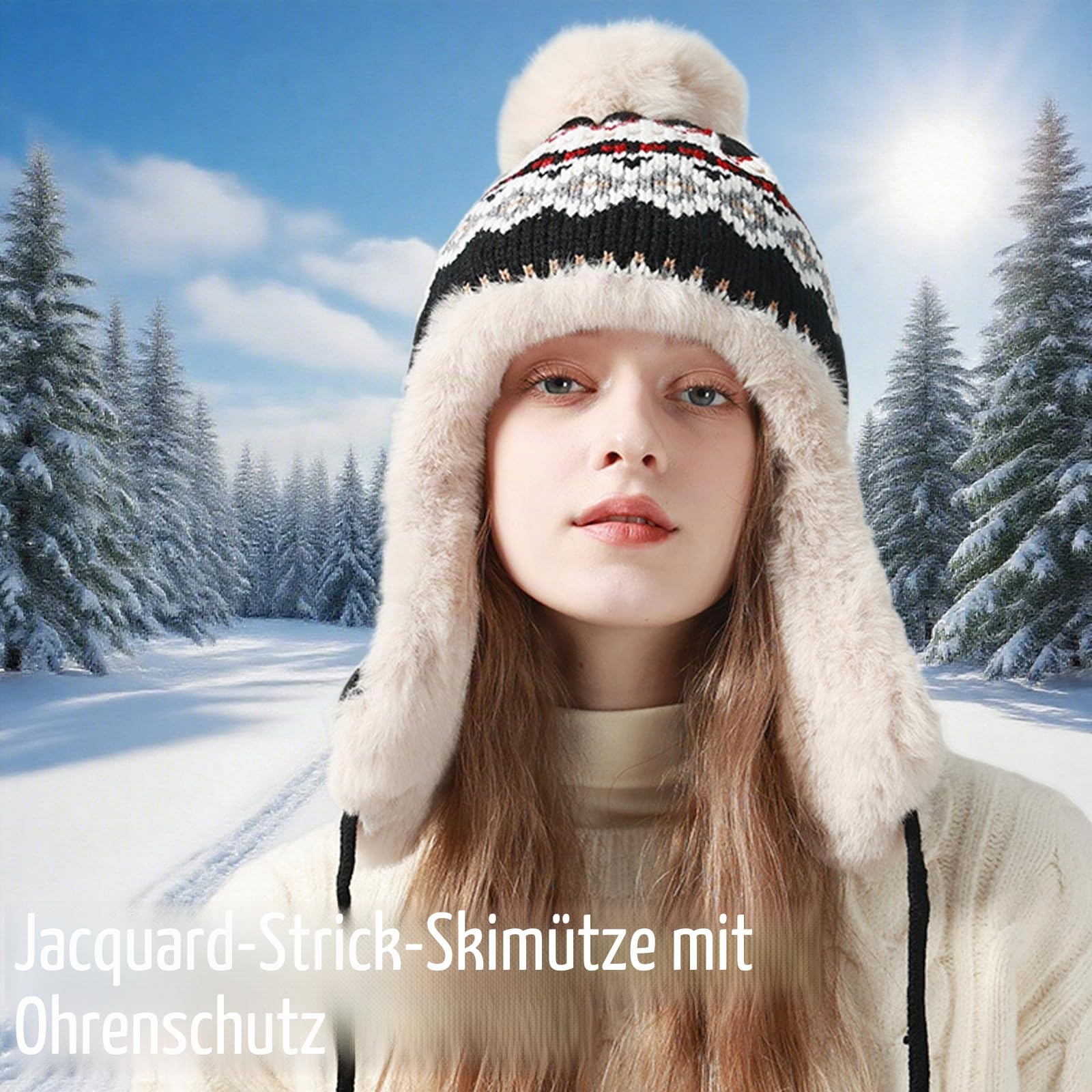 Damen Winter Strickmütze mit Ohrenklappen Winddichte Fleece Gefüttert Trappermütze Thermo Dicke Skimütze mit Ohrenschützer Wintermütze mits Kunstpelz Bommel Kinnriemen Wintermütze für im Freien