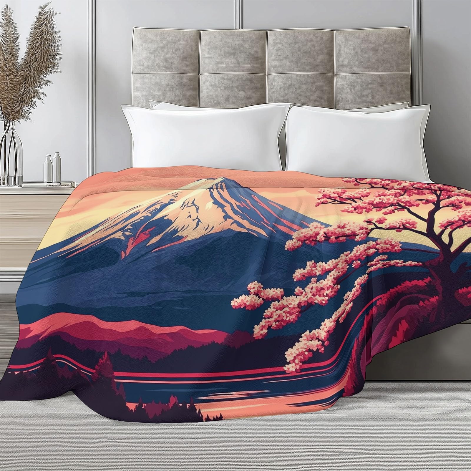 Couverture en Flanelle Cerisiers De Montagne À La Japonaise 180 x 200 cm Couvertures en Polaire en Microfibre Polaire Toutes Saisons pour Voyage Canapé pour Voyager Lit Canapé Enfants Adultes, Kaki