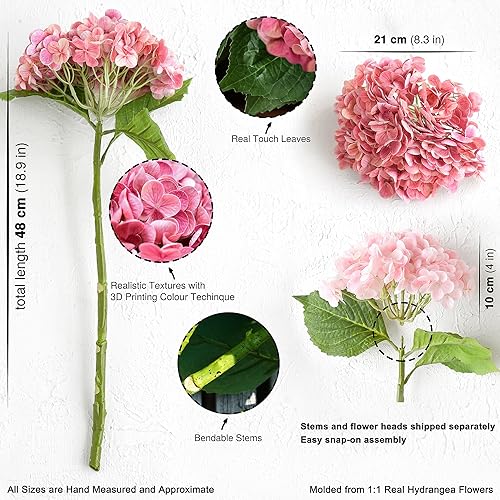 Miniatura 5 de FiveSeasonStuff Real Touch - Flores de hortensias de seda, 2 flores artificiales grandes de tallo largo para arreglos florales (doble rosa)