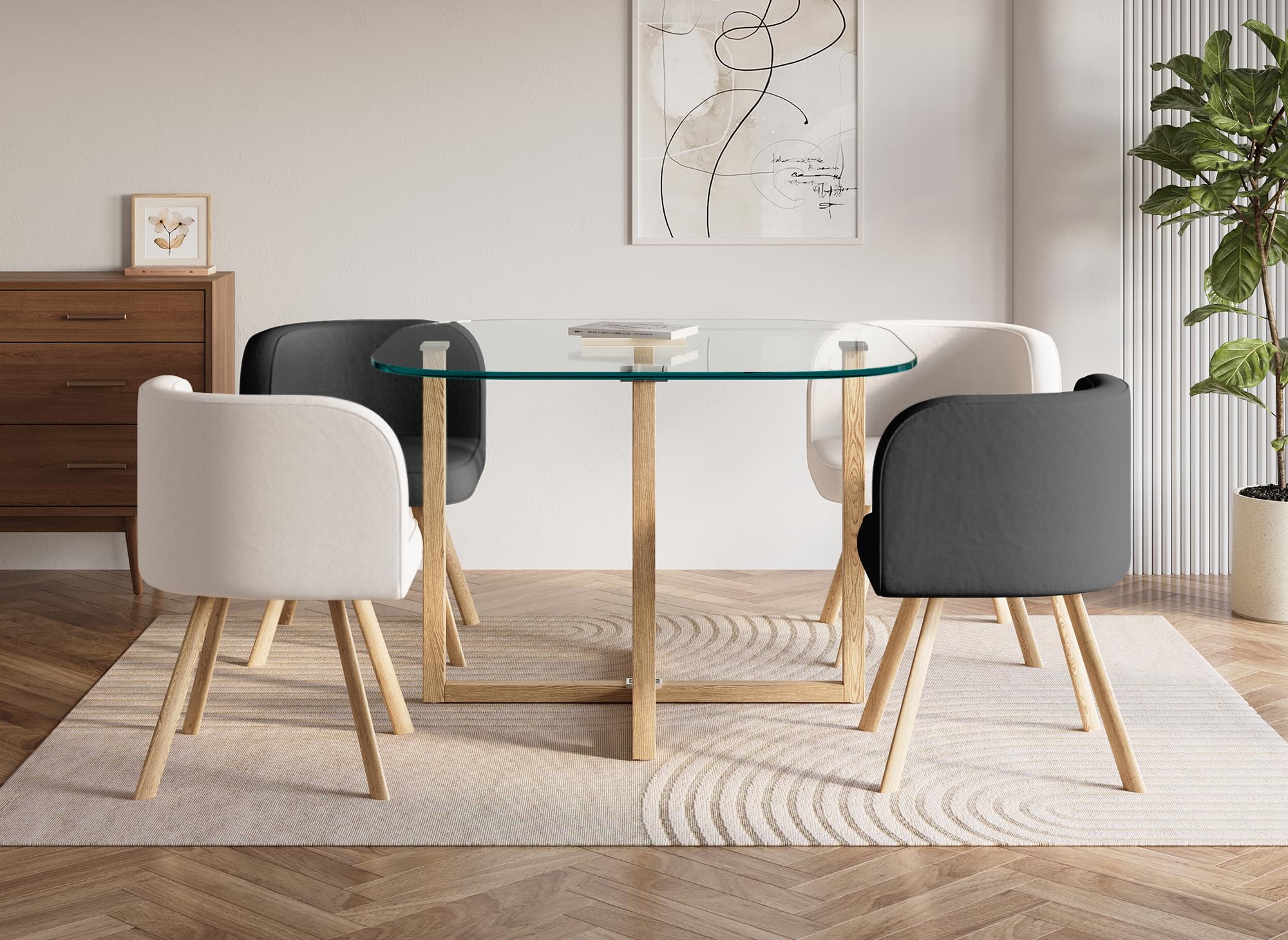 DecoInParis Ensemble Table à Manger en Verre + 4 chaises Noires et Blanches FLEN