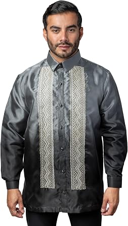 MO35 - Organza Barong Tagalog with Lining Full-Open Buttons - Traditional Filipino Formal Shirt Dark Gray