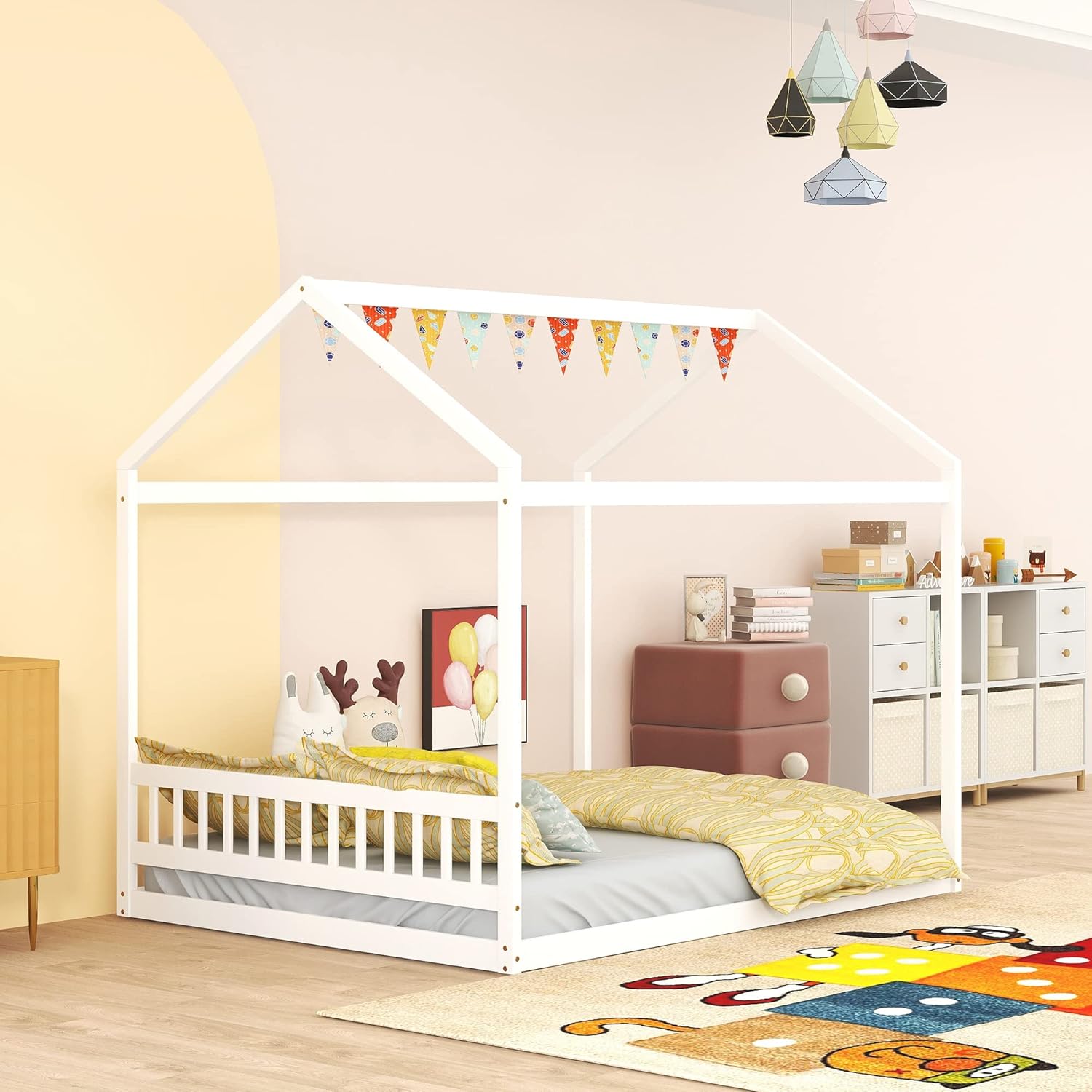 Harper & Bright Designs Queen Size House Bed Frame,Wooden Montessori Bed Queen Bed Frame with Headboard, Kids Floor Bed for Girls Boys Bedroom Furniture, No Box Spring Needed,White