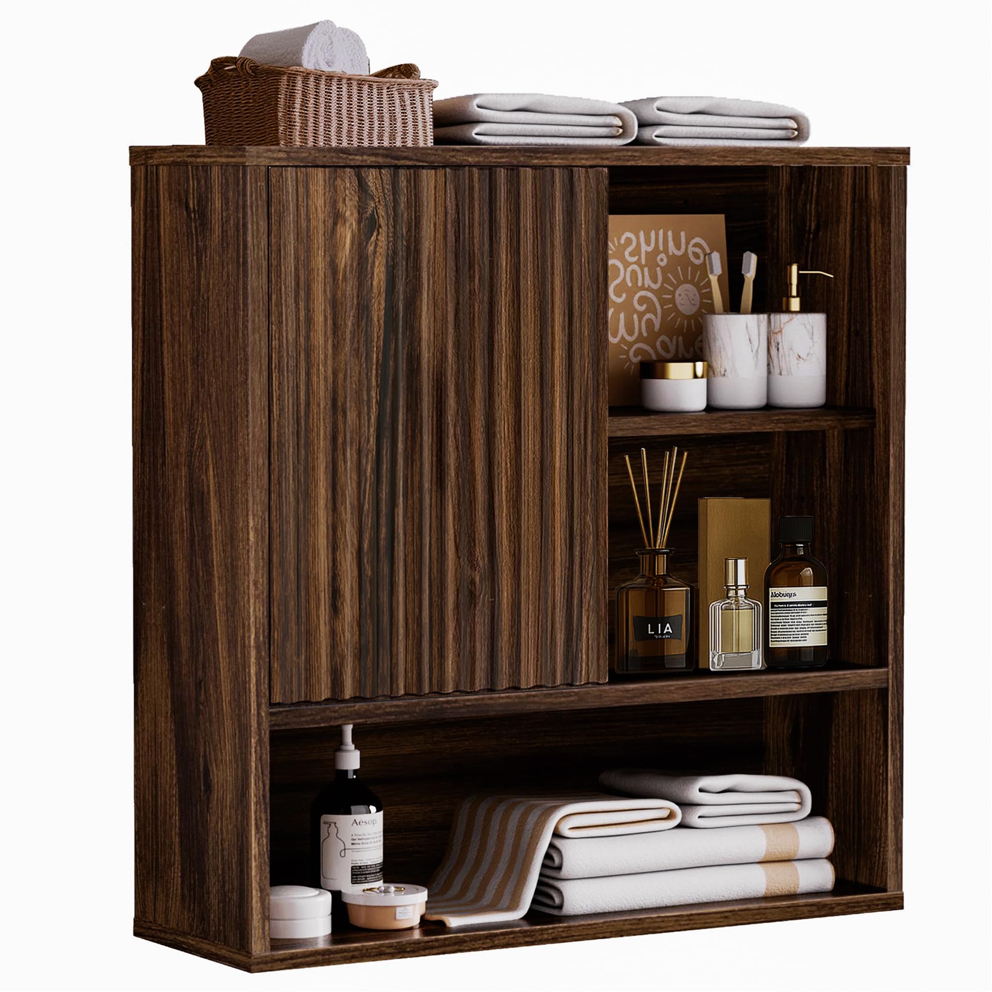 Photo 1 of ***It is used; it is unknown whether any parts are missing, and it is unknown whether it functions 100%.**** Farmhouse Bathroom Wall Cabinet Fluted,Medicine Cabinet Over The Toilet Storage Cabinet with Adjustable Shelf, Wood Wall Mounted Storage Cabinet O