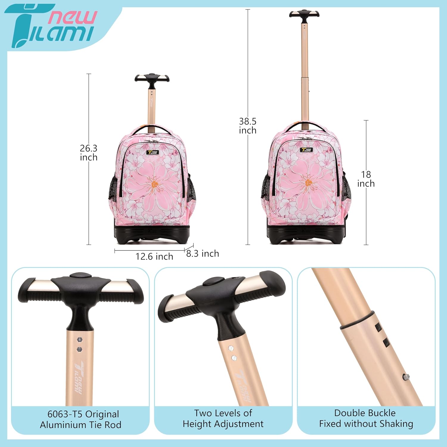 NEW TILAMI 18 Inch Rolling Backpack with Wheels for Girls Boys Kids Laptop Backpack School Travel, Pink Flowers - Image 2
