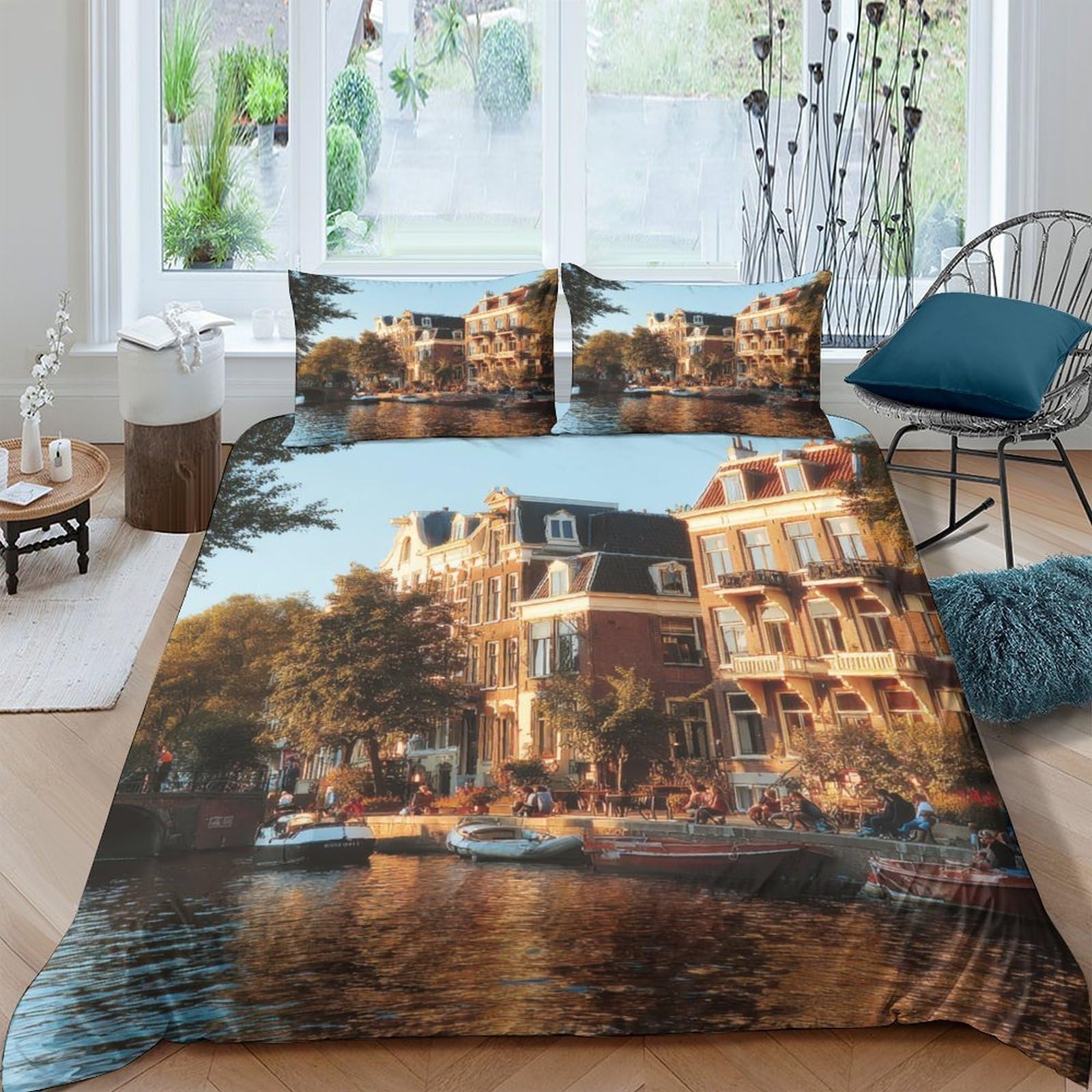 Ctjqhvkz Style-3 3D Printed Amsterdam Canal House Fitted Sheet Microfiber Soft Breathable Urban Sunset Bed Cover For Bedroom Decor Single（135X200cm）