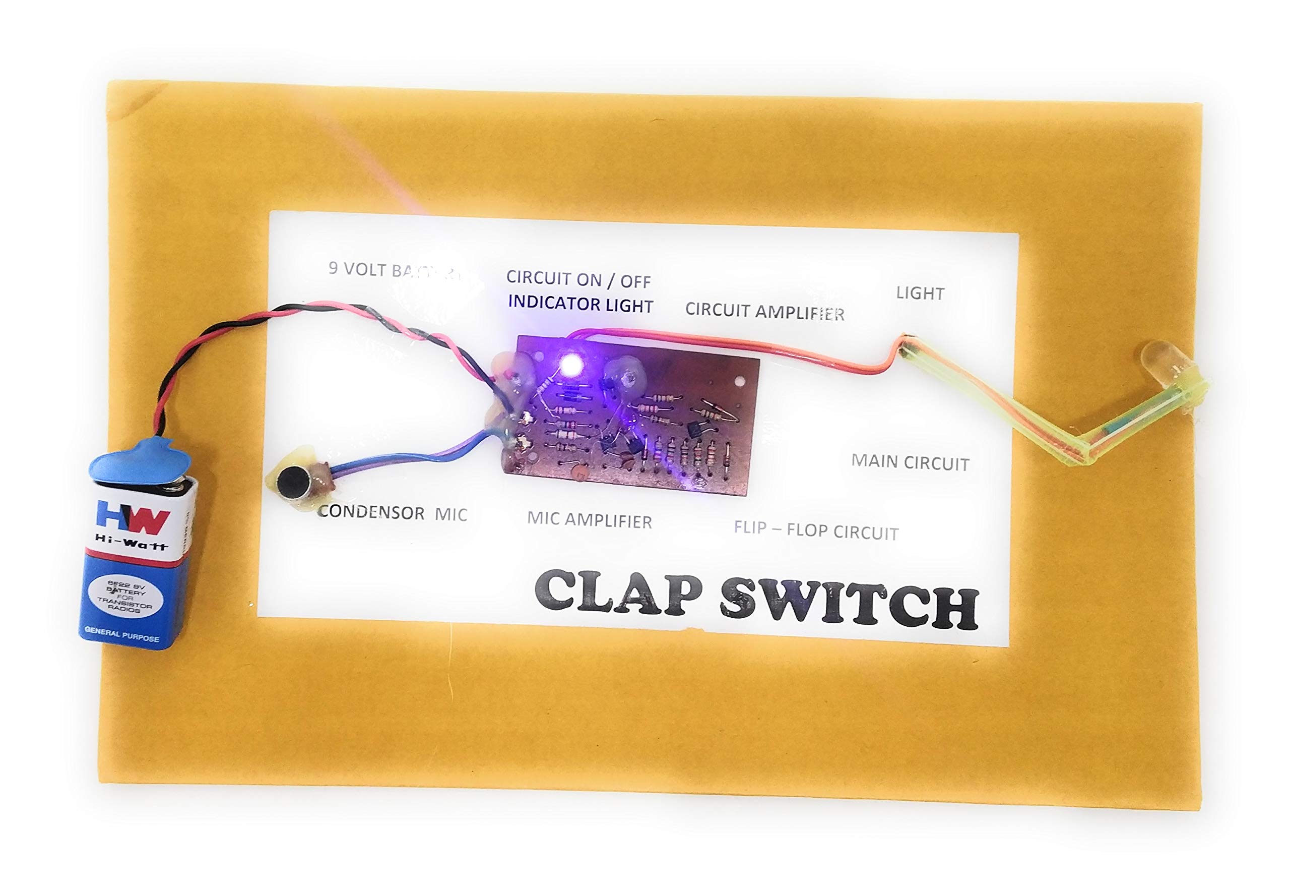 stepstodo clap switch working model. hand made. ready to use project with condensor mic. mic amplifier. flip - flop circuit- Multi color