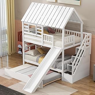 Harper & Bright Designs House Bunk Bed with Slide and Storage Stairs for Boys Girls, Wood Twin Over Twin Bunk Bed with Trundle for Kids Teens, No Box Spring Required, Space Saving, White