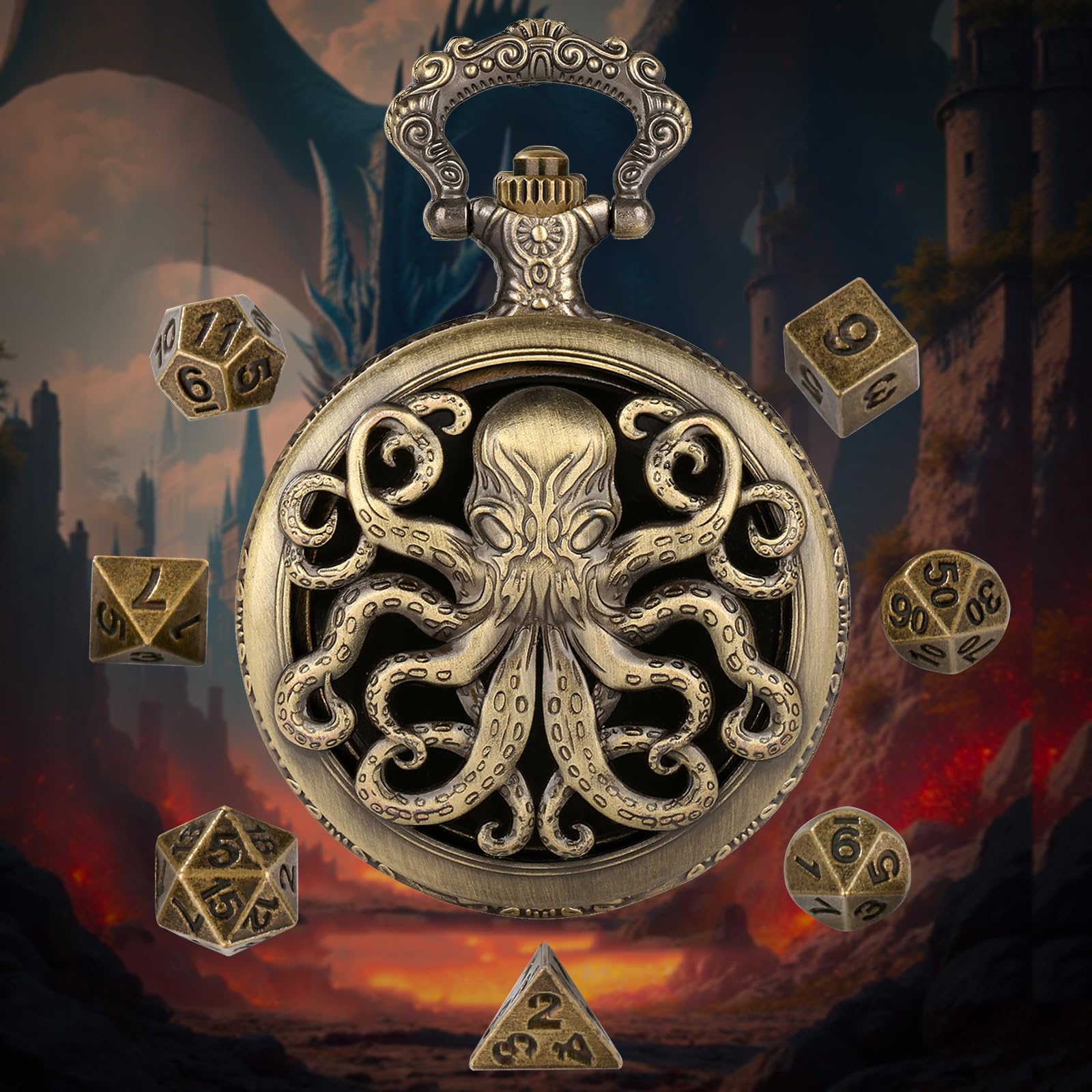 Mini Dados DND con Caja de Reloj de Bolsillo Steampunk Hueco Pulpo - 7 Piezas Poliédrico Metal D&D Juego de Mesa - Bronce