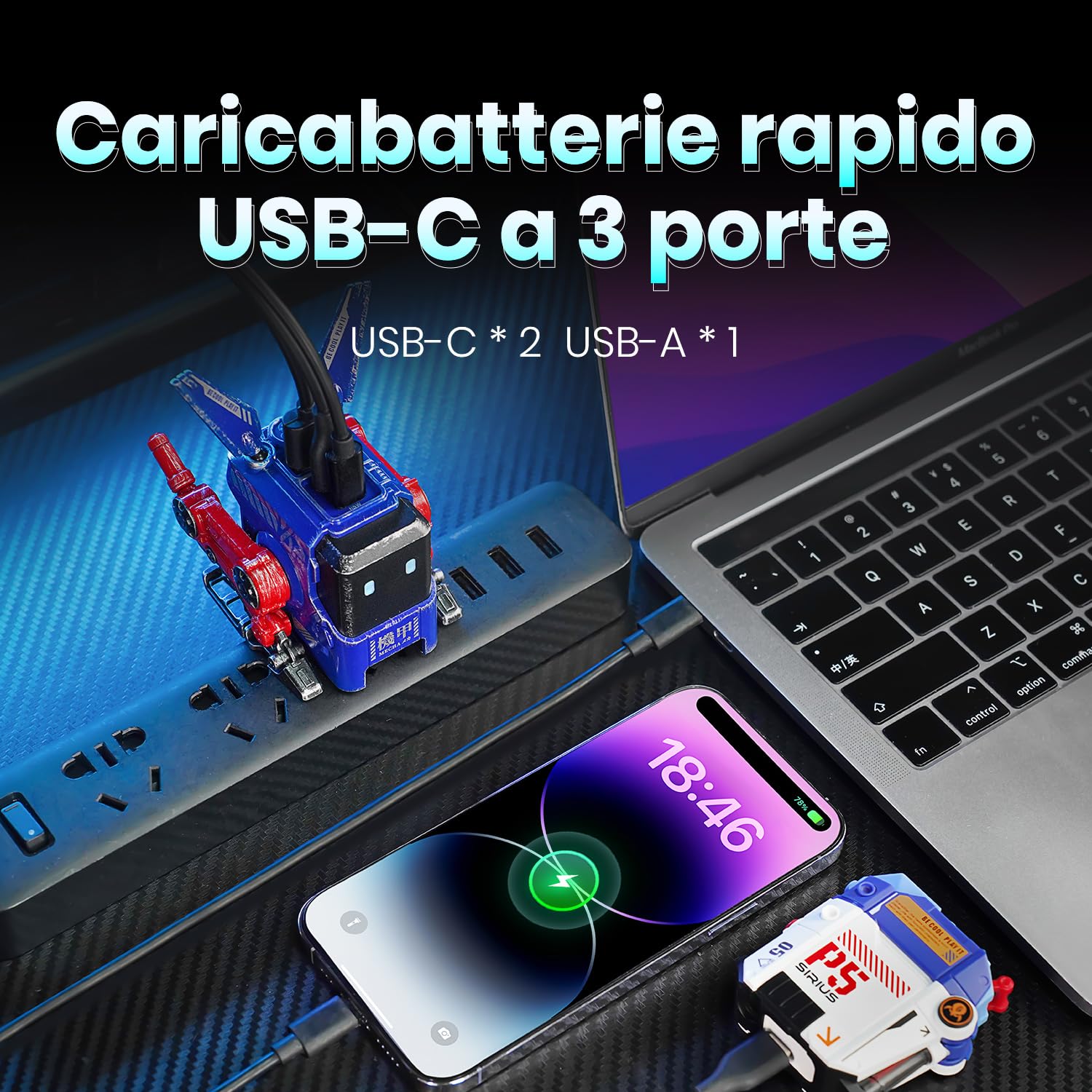 GravaStar Caricabatterie rapido GaN Alpha da 65W, caricabatterie rapido a 3 porte con presa multipla da viaggio, caricabatterie universale per UK/EU/USA, per iPhone, MacBook, iPad (Blu)