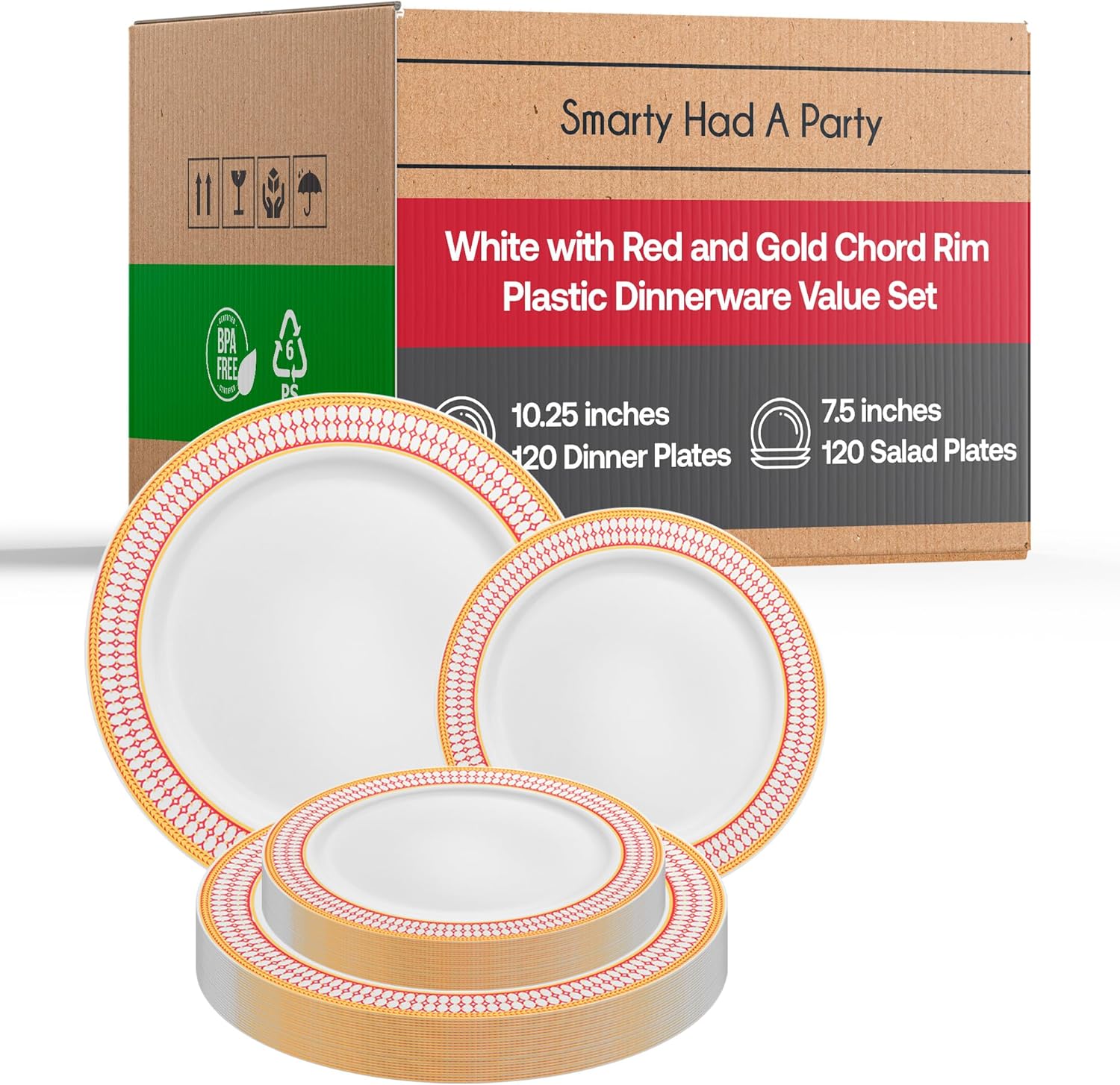 White Plastic Plates, Disposable Dinnerware Party Supplies Gold Chord Rim Design for Birthday, Wedding & All Occasions, 240 pcs (120 Dinner Plates + 120 Salad Plates, White with Red & Gold)