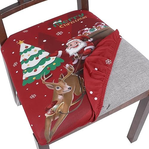 SearchI Paquete de 4 fundas de asiento navideñas para sillas de comedor, fundas elásticas con estampado de Navidad, protector de asiento tapizado