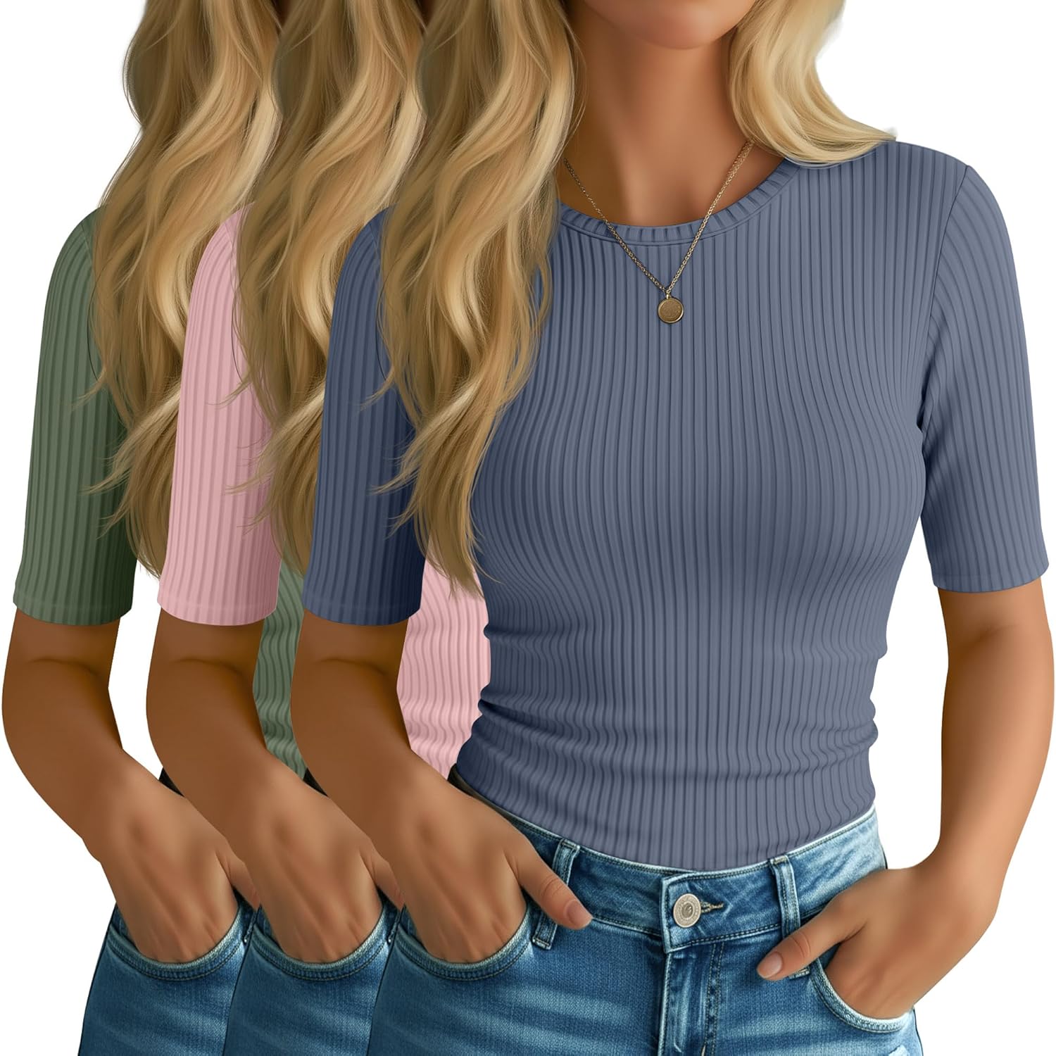 Riyiper 3 Pack Women's Half Sleeve Tops, Elbow Length Ribbed Cotton T Shirt Crew Neck Summer Tee Slim Fit Casual Blouses