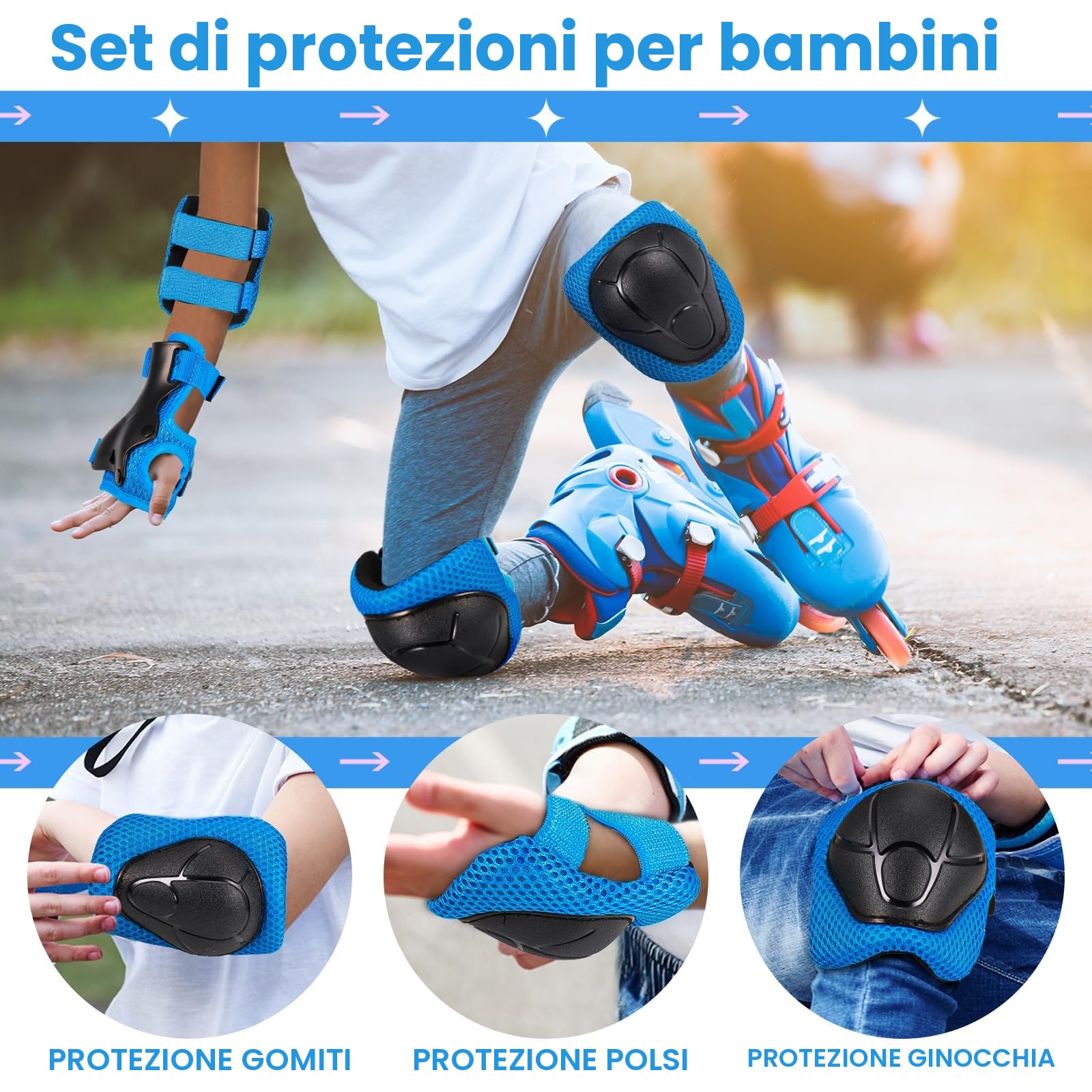 Bambini Ginocchiere, Regolabile Ginocchiere Set, 6 in 1Protezioni Skateboard Bambini, Protezioni Pattini Ginocchiere Gomitiere, Gomitiere Protezioni Set per Pattinaggio in Bicicletta