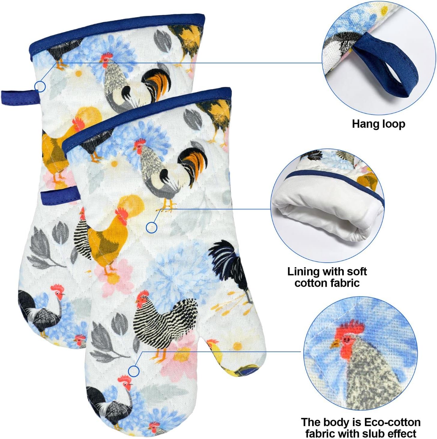 Oven Mitts and Pot Holders with Chef Apron,Set of 5 Heat Resistant Kitchen Gloves and Silicone Non-Slip Potholders Adjustable Neck Buckle Chef Apron, Cotton Nice Design for Cooking (Rooster) - Image 4