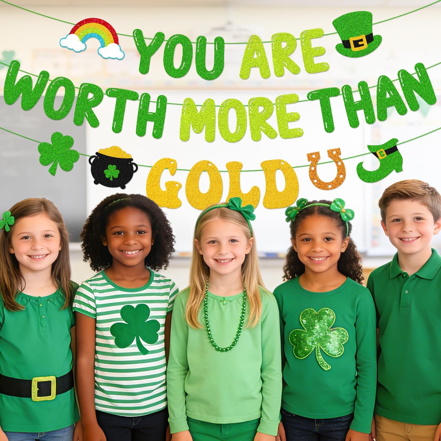 You Are Worth More Than Gold Banner St. Patrick’s Day Party Decorations for Irish School Classroom Home Celebration Shamrocks Lucky Saint Patrick’s Party Supplies