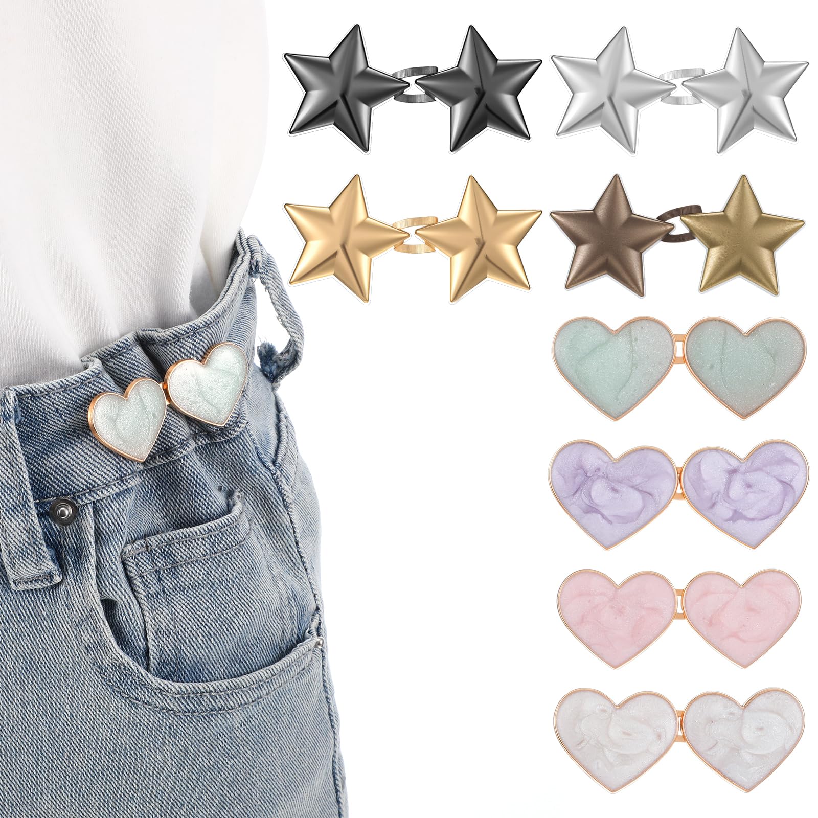 8 Pcs No Sewing Adjustable Waist Required Buttons Heart and Star Shape Pant Waist Tighteners Reusable Waists Cincher Clip Instant Removable Jean Buttons for Loose Jeans Dresses Pants Skirts Sleeves