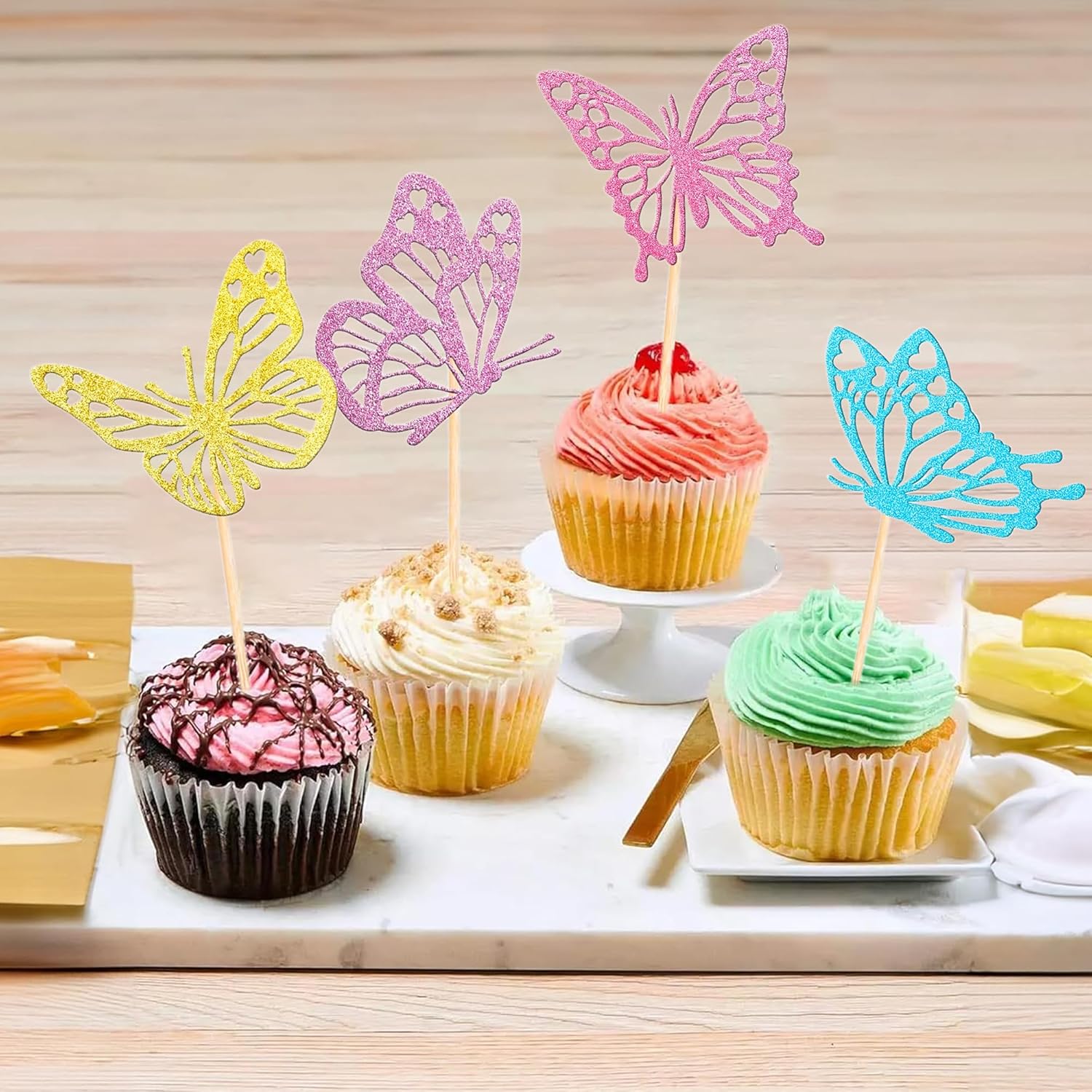 24 Pieces Butterfly Cupcake Toppers, Glittery Multi Colour Butterfly Cupcake Decorations Suitable for Butterfly Themed Party, Baby's Birthday Party, Wedding Anniversary Cake Decorating Supplies
