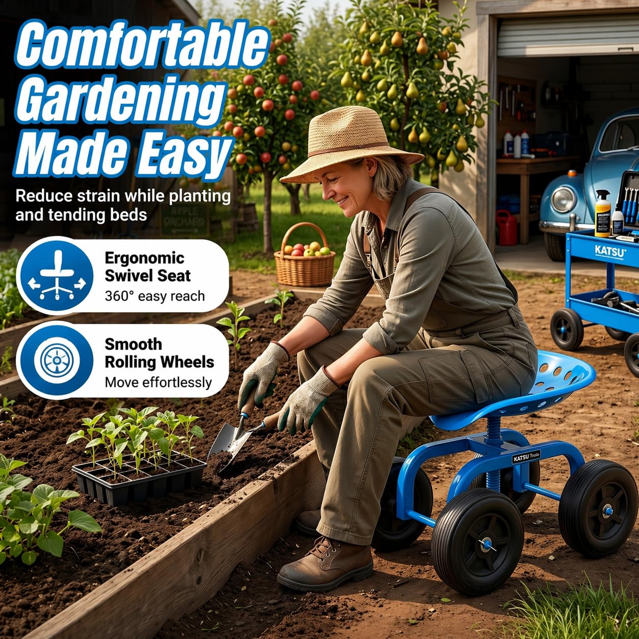 KATSU Tools Carrito de jardín rodante, taburete de taller, giratorio 360° y asiento de trabajo ajustable en altura, para tareas al aire libre, reparación de automóviles