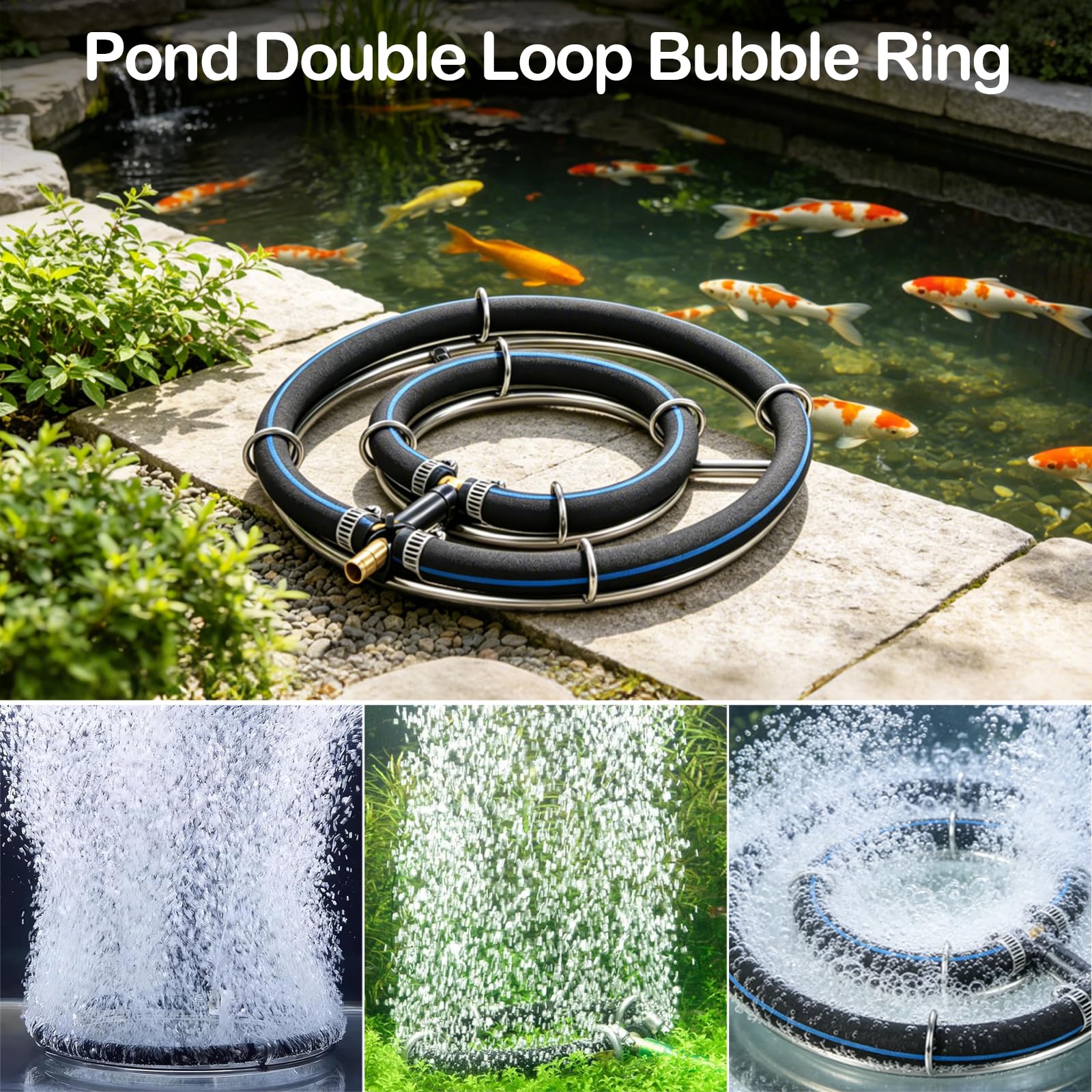 Belüfter Teich, 25cm Belüfterring für Teich Aquarium Edelstahl Doppelrahmen Teichbelüfter Fischteich Sauerstoff Diffuser mit 5M Luftschlauch Rohrdurchmesser 8mm Verwendung in Filtersystemen