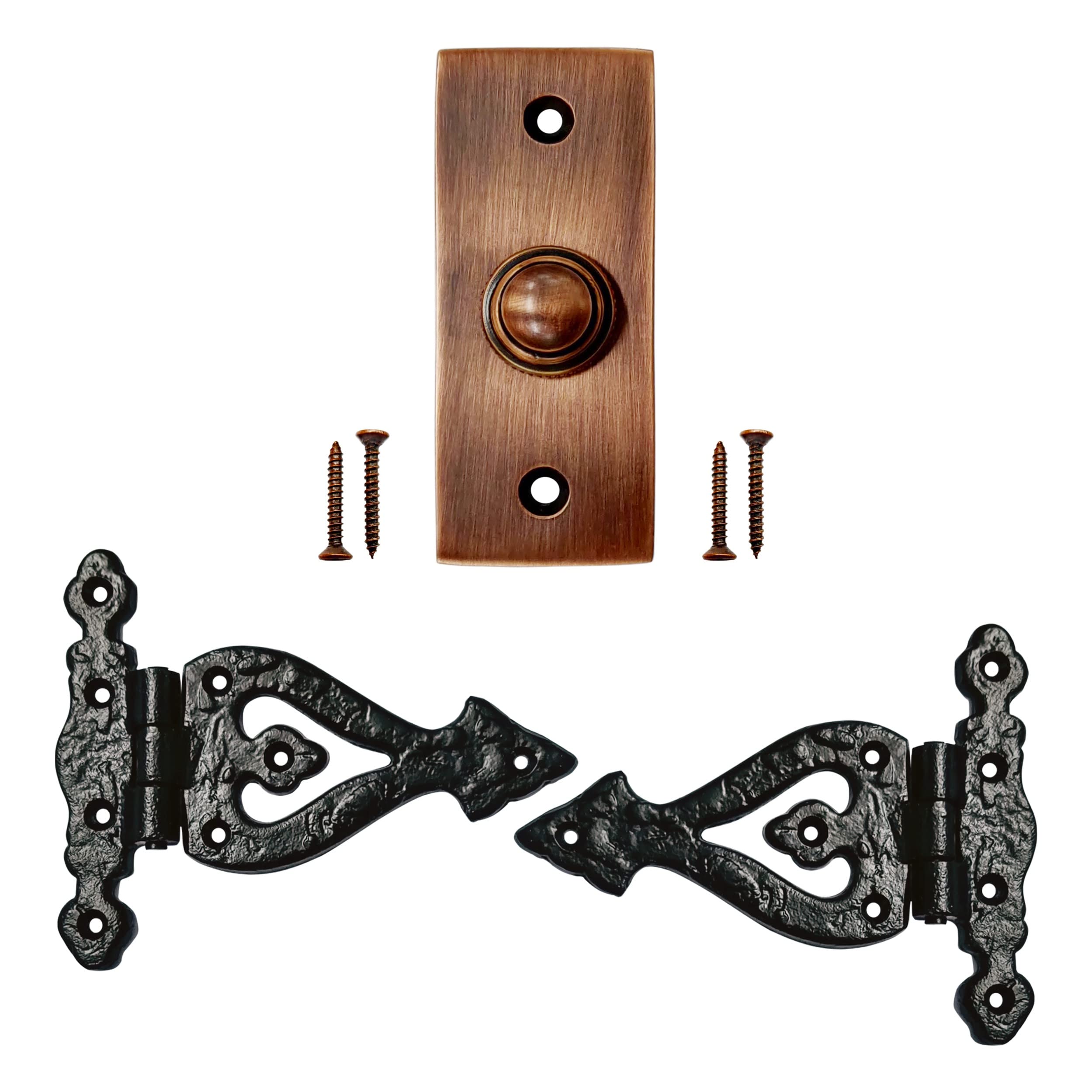 Akatva Doorbell Button with T Hinge Set – 2 Pieces Gate Hinges for Wooden Fences Heavy Duty – Bell Push Button – Doorbell Button Wired – Barn Hinges for Doors – Black Hinges – Antique Copper Finish