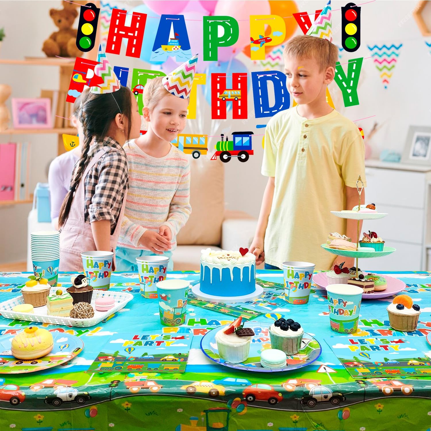 Transport Birthday Party Supplies, 24 Guests Transportation Party Tableware Set Transport Party Decoration Banner Tablecloth Plates Cups Napkins for Train Bus Car Birthday Party - Image 5