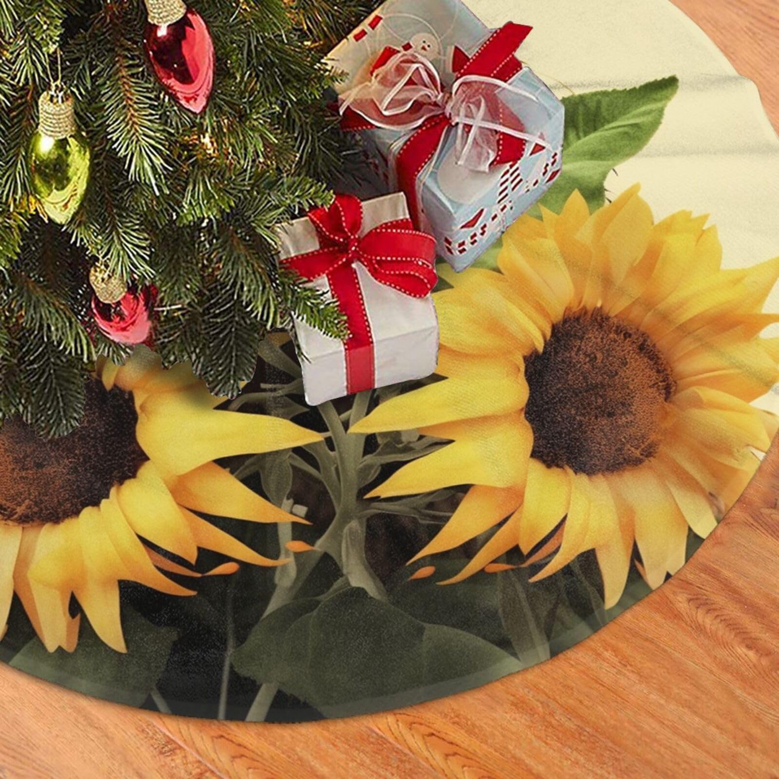 Fodpand Black Sloth Sunflower Christmas Tree Skirt 30" Velvet Xmas Tree Skirt Mat Rustic Christmas Tree Mat Cover Winter Xmas Tree Collar For Indoor Outdoor Christmas Decorations
