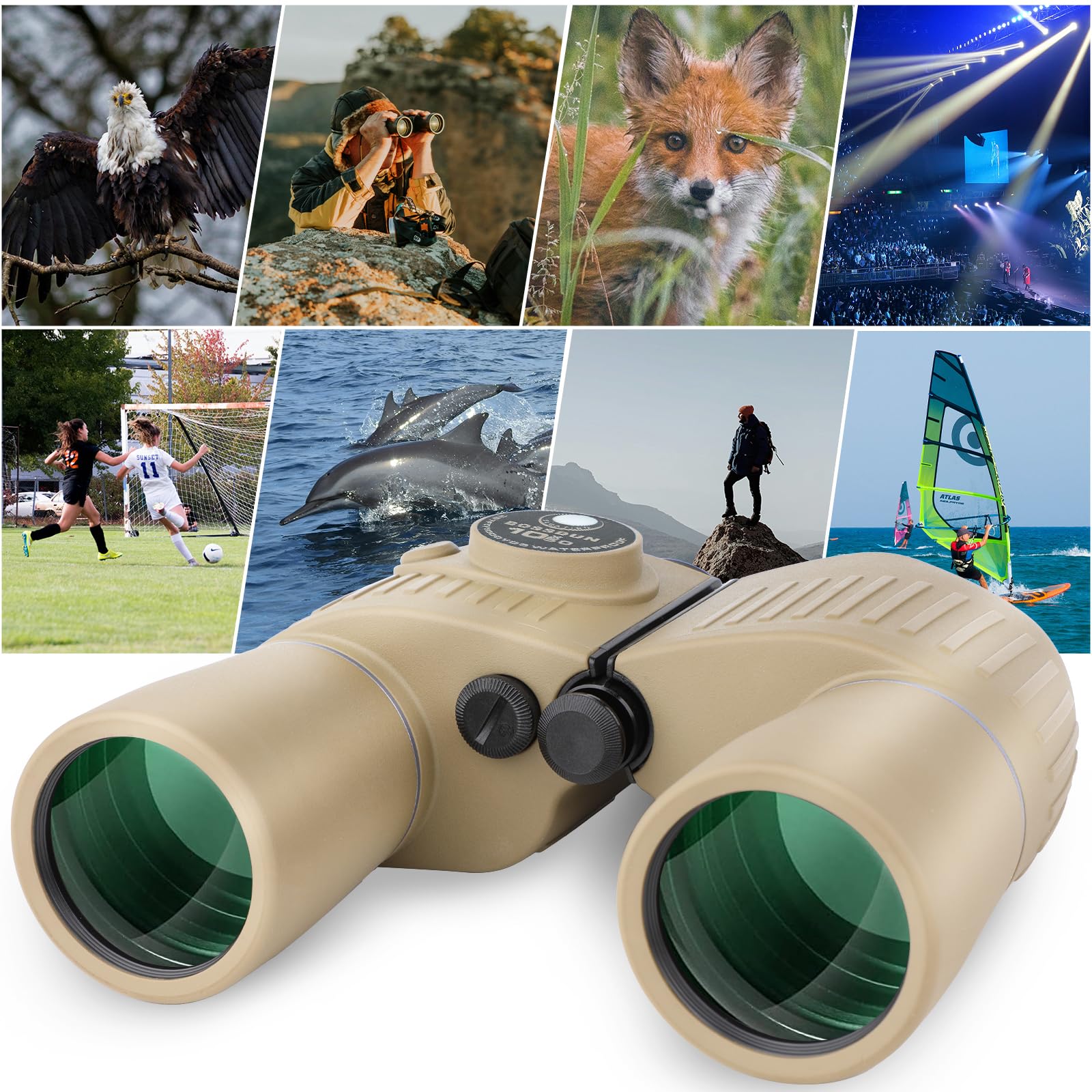 10x50 Binocolo Marino per Adulti, Binocoli Militare Impermeabile con Bussola Telemetro BAK4 Prisma Lente FMC Antiappannamento per la Navigazione Birdwatching Caccia (19B)