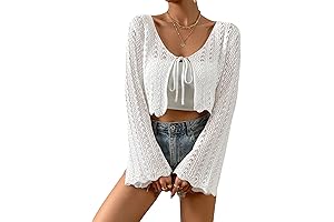 Women's Lace Bell Sleeve Scalloped Crop Cardigan Knit Top