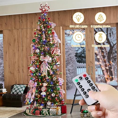 Vista 139 de Glitzhome Prelit Christmas Tree, 6ft Flocked Artificial Christmas Tree Serene Snowscape Fir with 300 Warm White Lights for Home, Office, Party