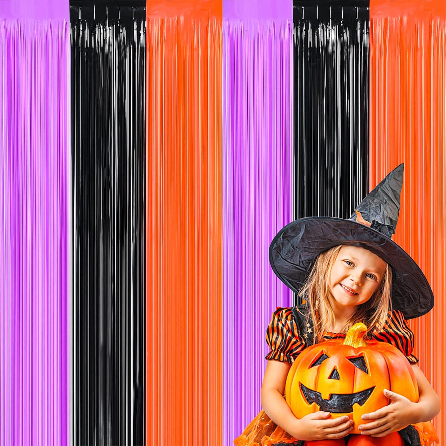 FOIMAS 3 Pack Halloween Tinsel Foil Fringe Curtain,3.3x6.6ft Black Orange Purple Tinsel Fringe Streamers Photo Booth Prop for Halloween Party Decoration Back Drop