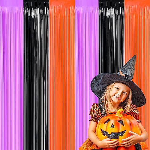 FOIMAS Paquete de 3 cortinas de flecos de papel de oropel de Halloween, 3.3 x 6.6 pies, negro, naranja, morado, oropel, serpentinas de flecos,