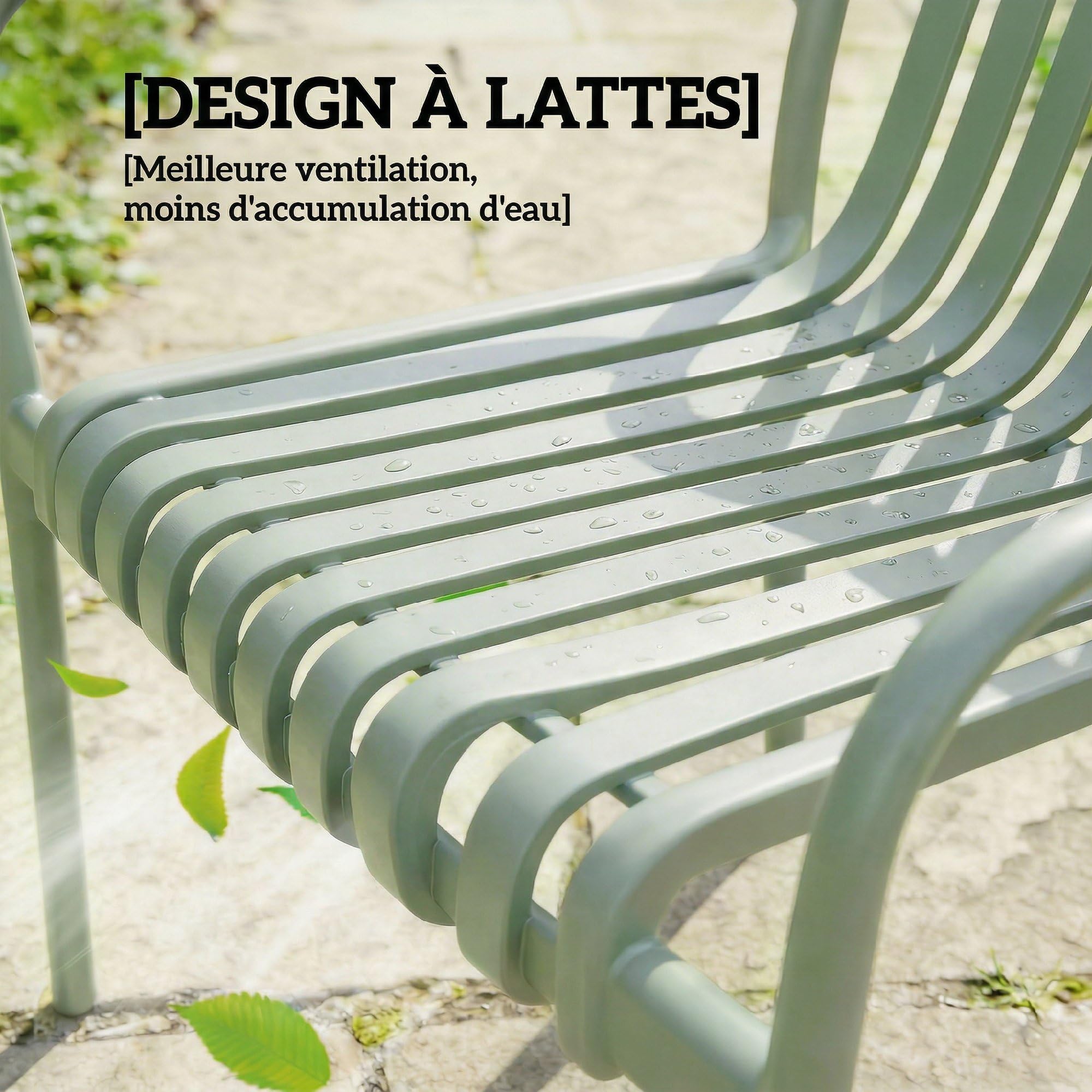 Outsunny Lot de 4 Chaises de Jardin Empilables en Polypropylène Anti-UV - Fauteuil de Terrasse avec Accoudoirs et Dossier à Lattes Ergonomique - Chaises de Salle à Manger Extérieures, Gris Vert