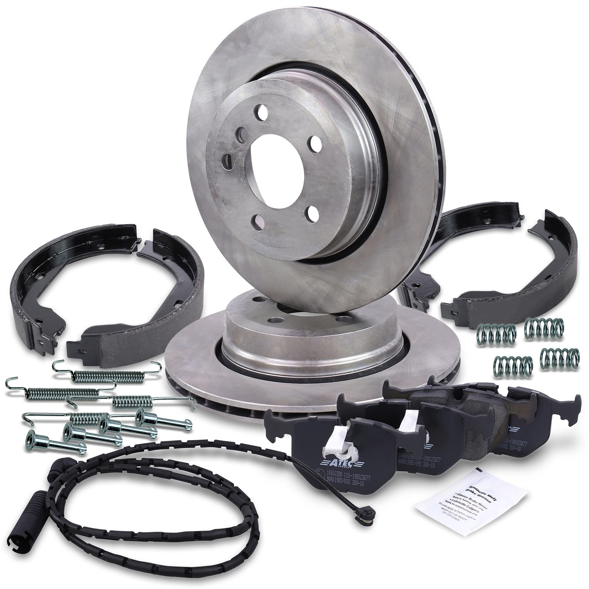 ATEC GERMANY Juego de frenos eje trasero incl. discos de freno Ø 320 mm ventilados + pastillas de freno traseras + zapatas de freno Compatible con BMW X3 (E83)