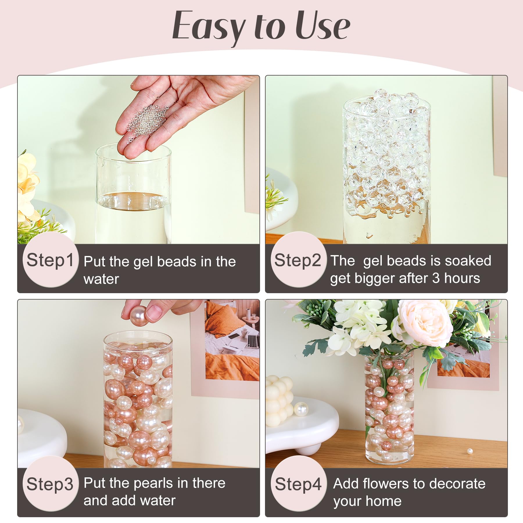 100 Pcs Beads Pearls Vase Fillers, No Hole Faux Pearl for Centerpieces Vase Fillers, Party Wedding Home Makeup Table Decor (Cream+Rose Gold 8/14/20mm)