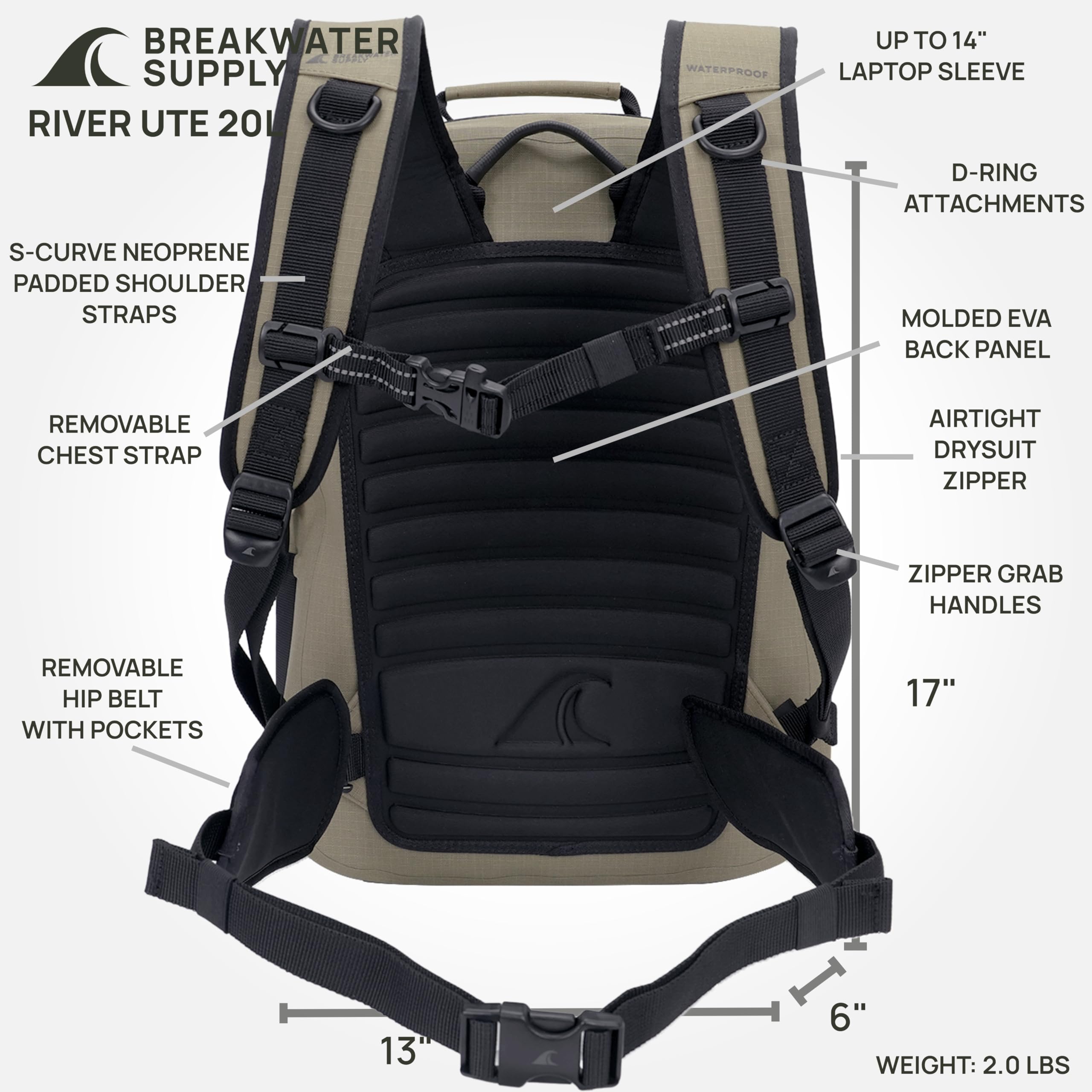 Breakwater Supply River Ute Mochila impermeable, bolsa seca sumergible flotante IP68, cinturón acolchado para la cadera y cremalleras herméticas | 20L