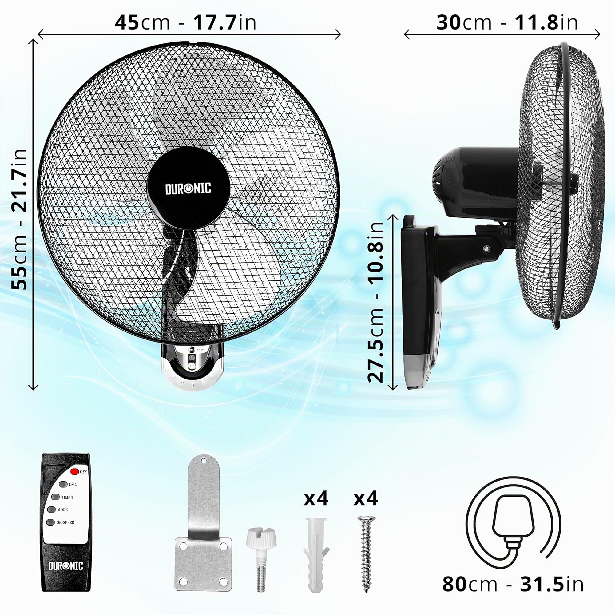 Duronic FN55 BK Ventilateur mural 60W | 5 Pâles de 40cm | Tête oscillante avec minuteur | 3 Vitesses | Télécommande | Moteur puissant et silencieux | Support mural coulissant démontable à la volée