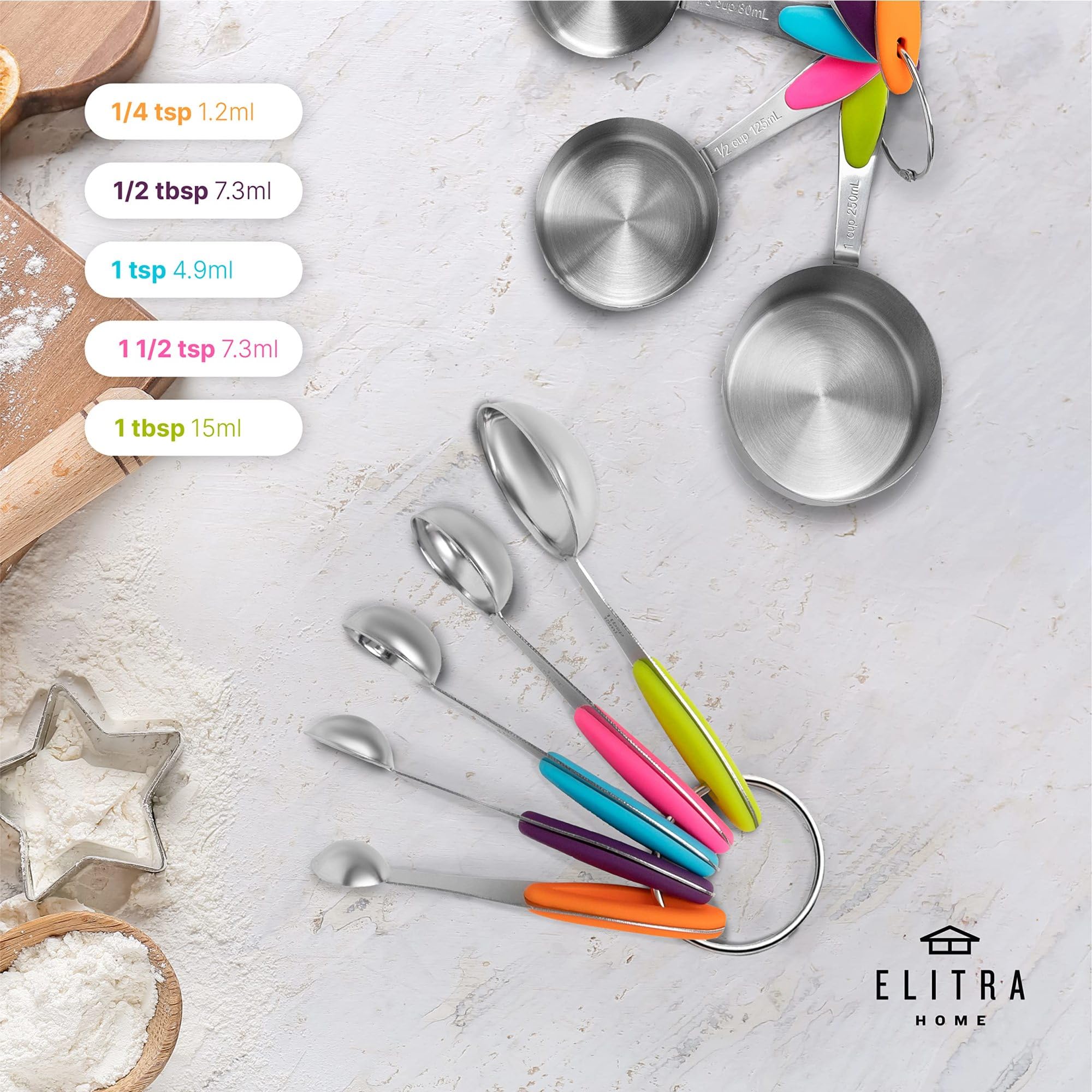 Elitra Home Komplettes Messset, 13er-Pack Edelstahlbecher, Löffel, Kunststoff-Messkrüge mit Ausgießer, gravierte Messungen, rutschfeste Griffe, Koch- und Backutensilien