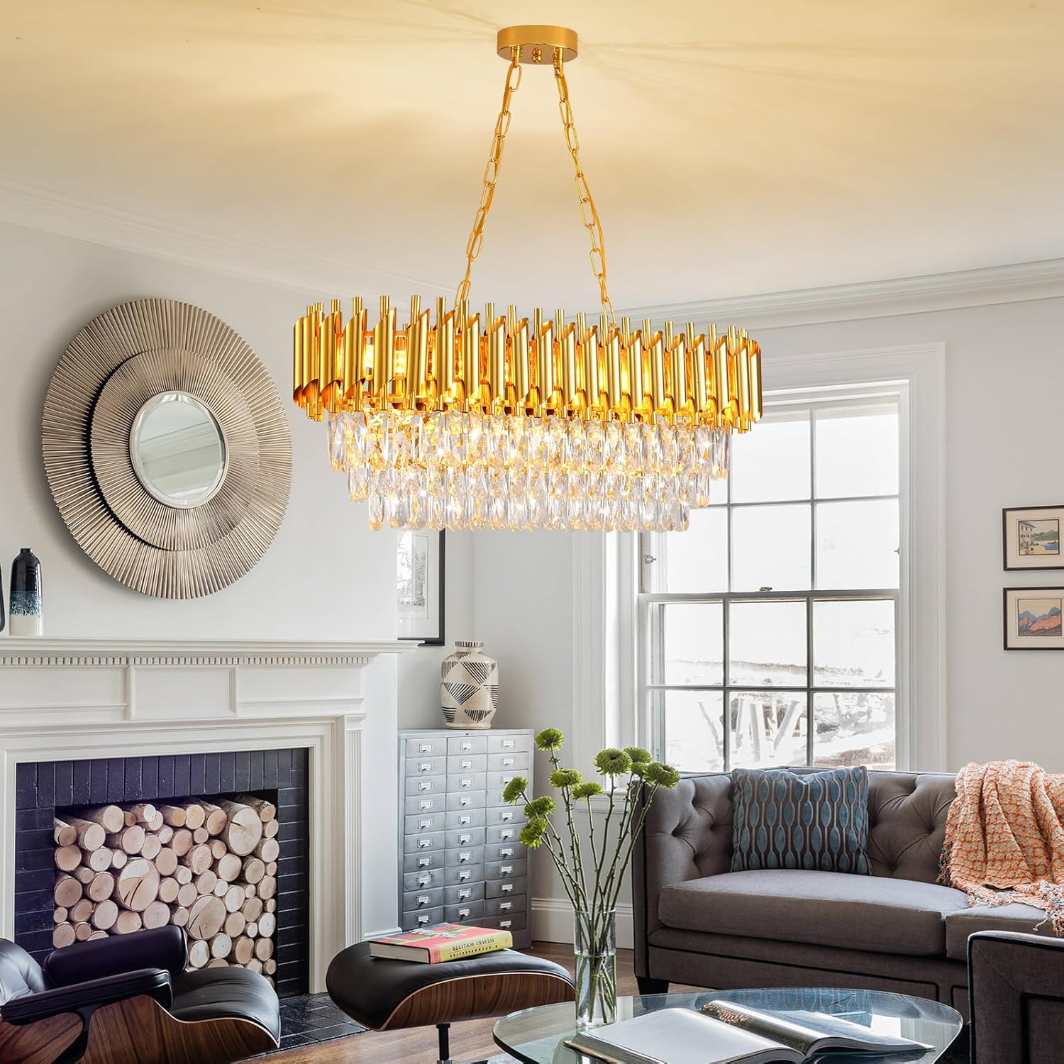Modern Crystal Chandeliers for Dining Room 8-Light Gold Crystal Chandelier Living Room Oval Contemporary Ceiling Hanging Light Pendant Light Fixture for Kitchen Island Bar Restaurant L32