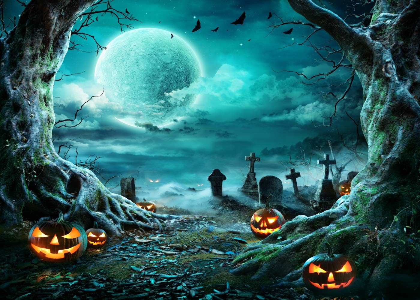 5X3FT Halloween Backdrop Photography Background Horror Moon Night Scary Cemetery Pumpkin Lantern Backdrop for Kids Adult Family Party Birthday Banner Decor Halloween Photo Backdrop SCO192S 5'x3' Green