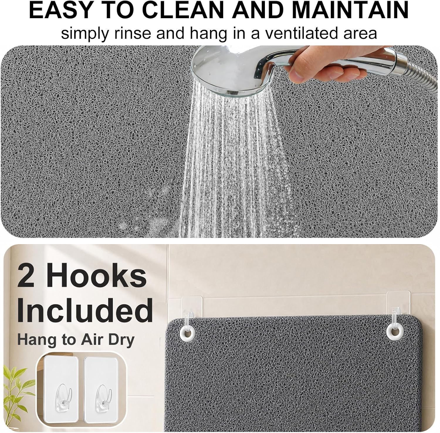 Non Slip Shower Mat: 27x27 Inch Extra Large Square Shower Mats for Inside Shower with Central Drain Hole - Soft PVC Loofah Floor Mat for Walk-in Shower or Bathtub, Quick Drying-Grey