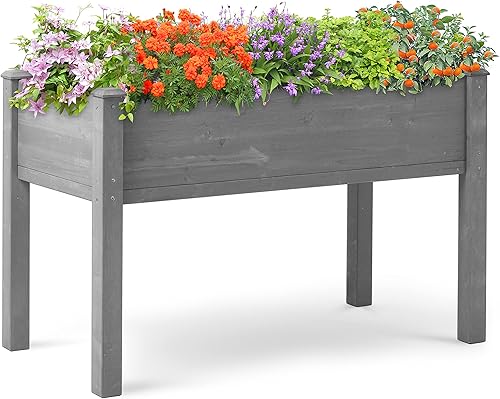 Cama de jardín elevada con patas, 48 x 24 x 30 pulgadas, jardinera elevada de madera para exteriores, cedro gris, patas gruesas, con forro