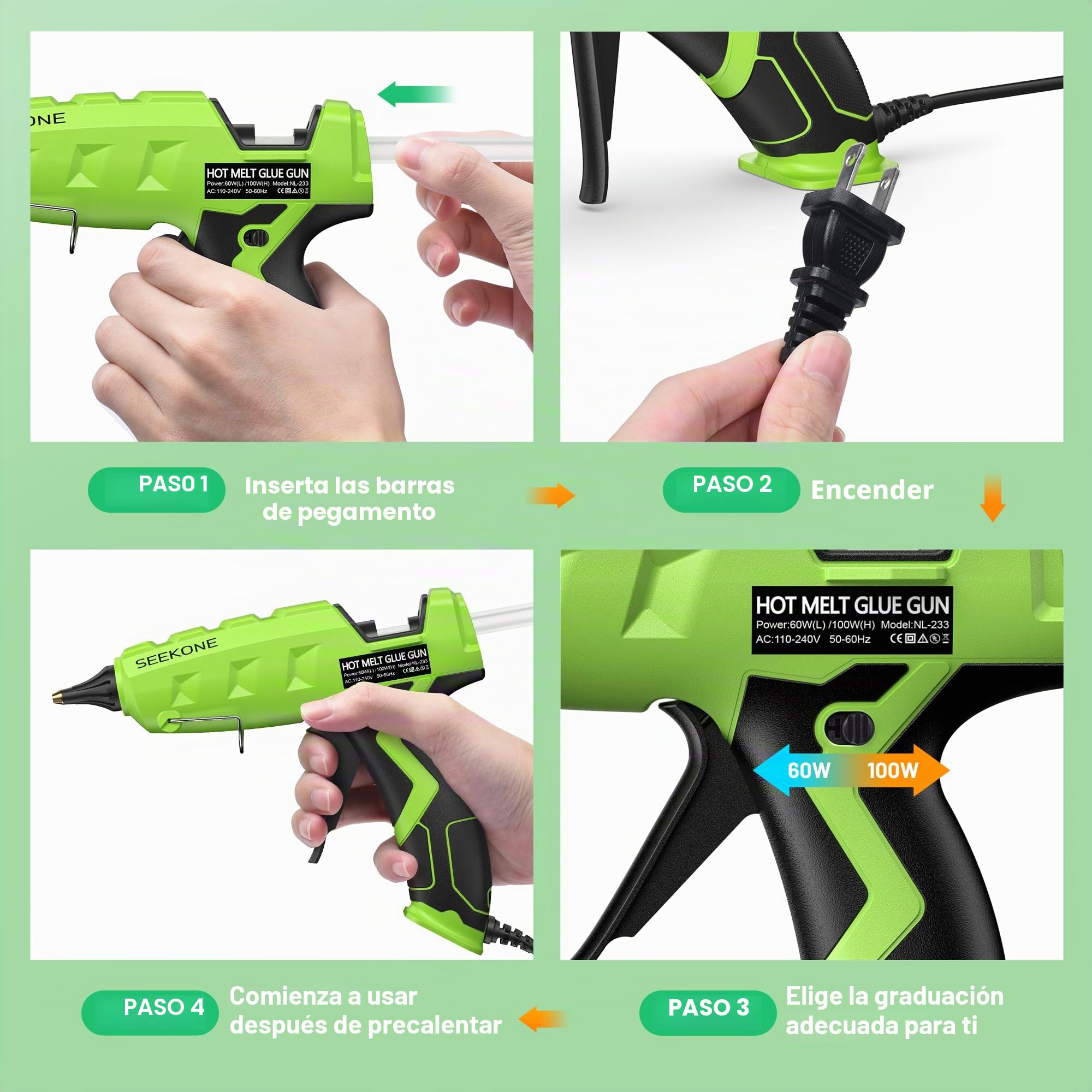 SEEKONE Pistola de Pegamento 60/100W Calentamiento Rápido y Seguro Pistolas de Pegamento Caliente con 20 Varillas de Calentamiento (110 mm), Pistola de Pegamento, Anti Flujo para Artesanía, Bricolaje