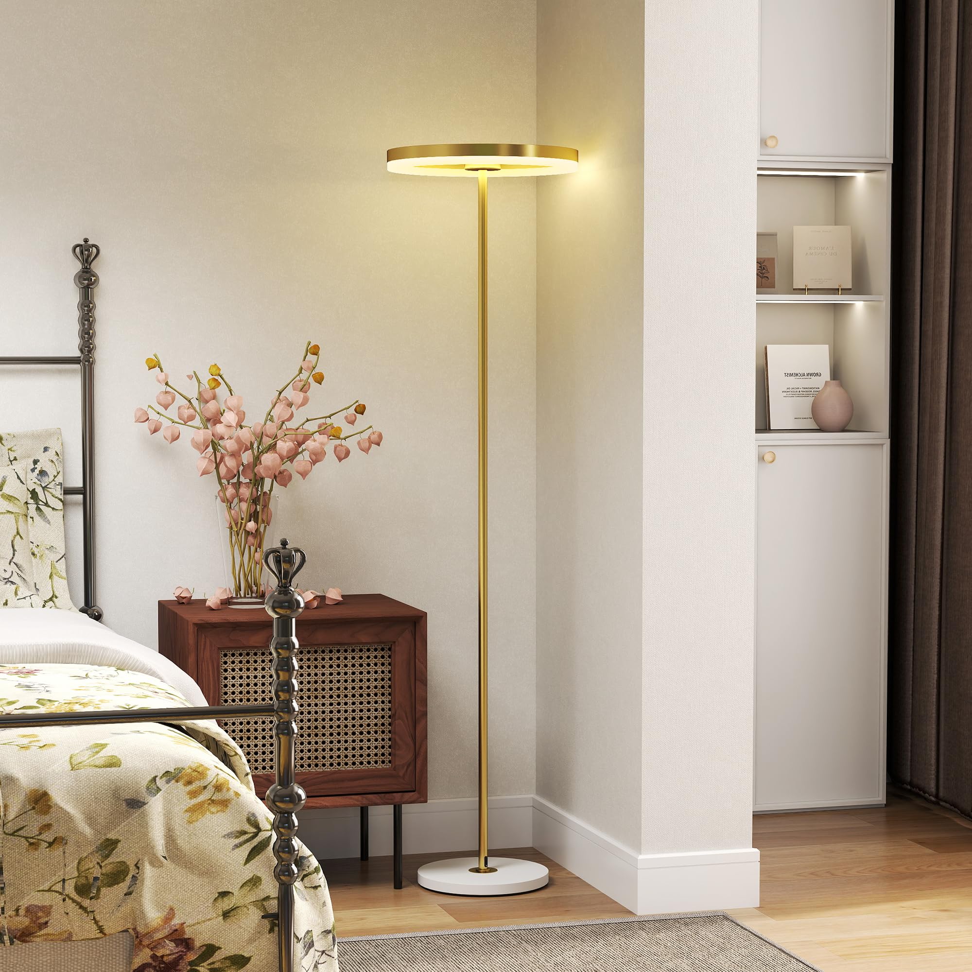 HOMCOM Lampada da Terra Moderna Luce LED Dimmerabile 3 Luminosità Oro | Lampada a Piantana, Paralume in Acrilico, Interruttore a Pedale, per Camera da Letto e Soggiorno